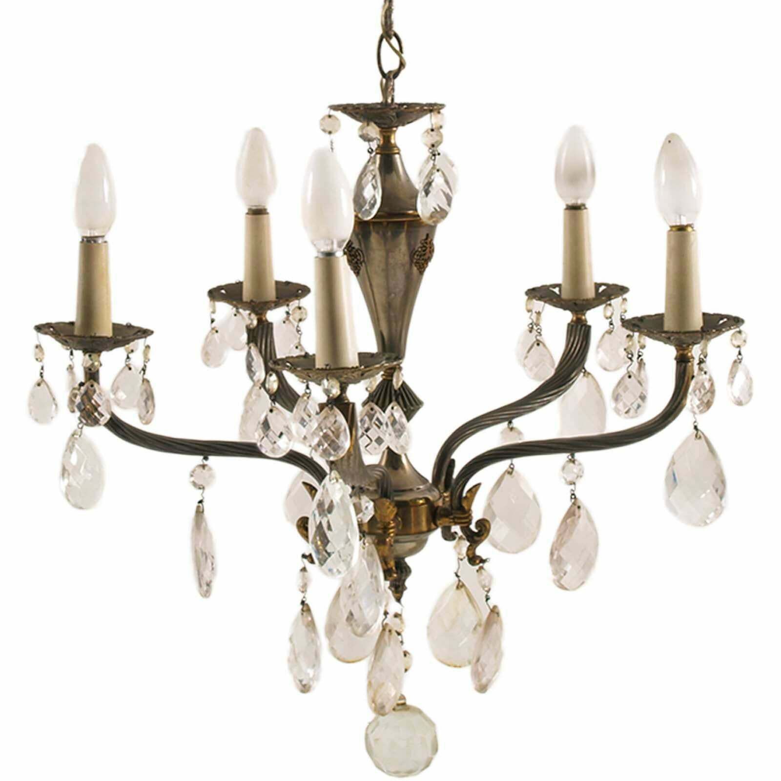 5 Light Italian Chandelier From The 40s In Gilded Bronze And Swarovski Pendants photo for sale