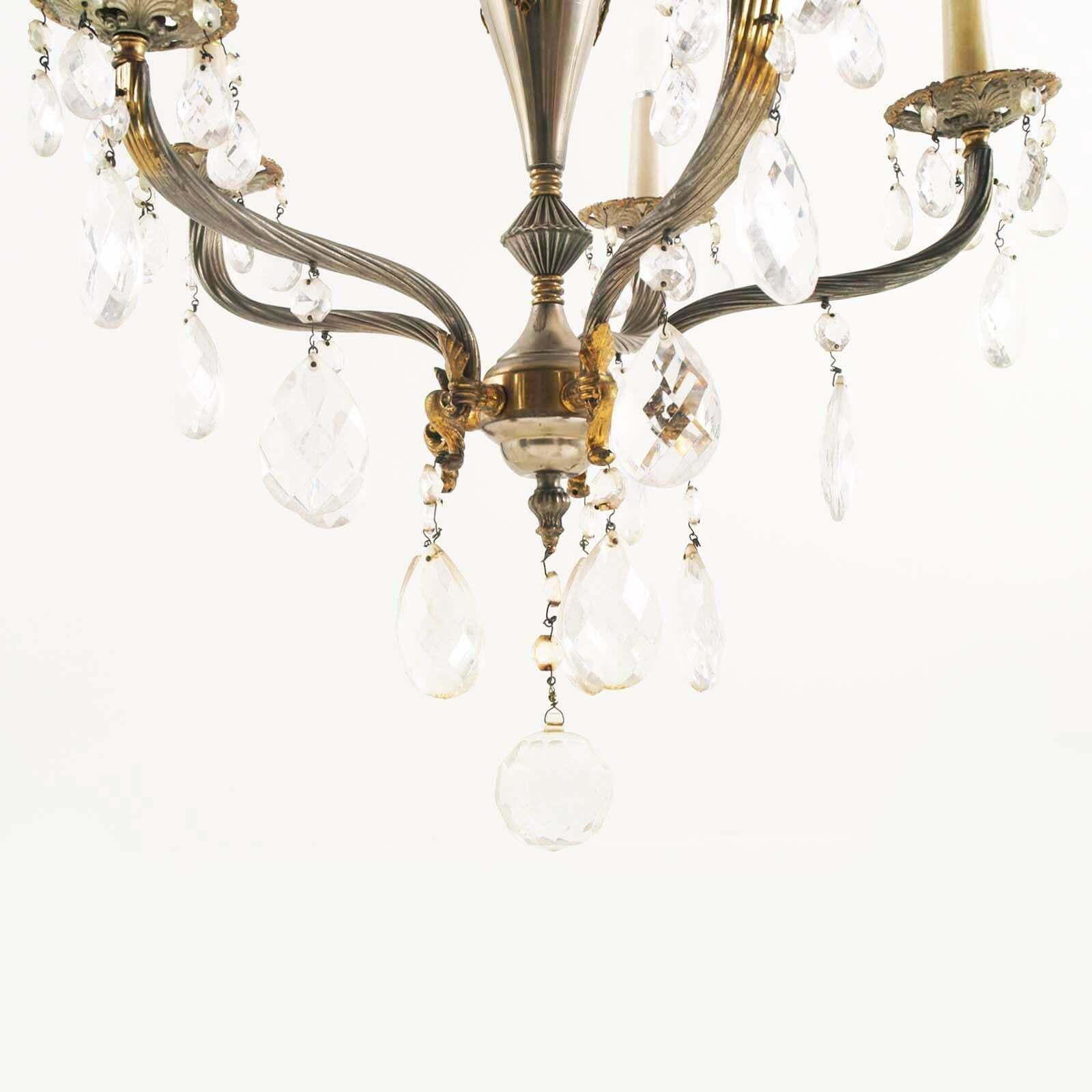 5 Light Italian Chandelier From The 40s In Gilded Bronze And Swarovski Pendants photo Lighting