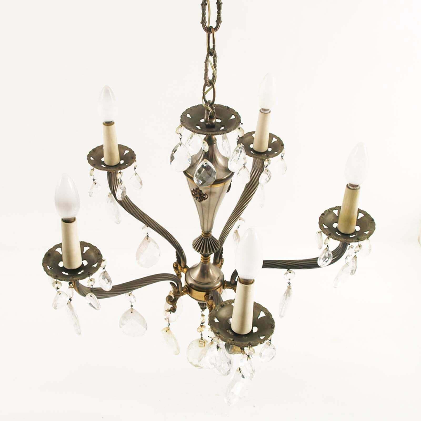 5 Light Italian Chandelier From The 40s In Gilded Bronze And Swarovski Pendants photo 2891.0