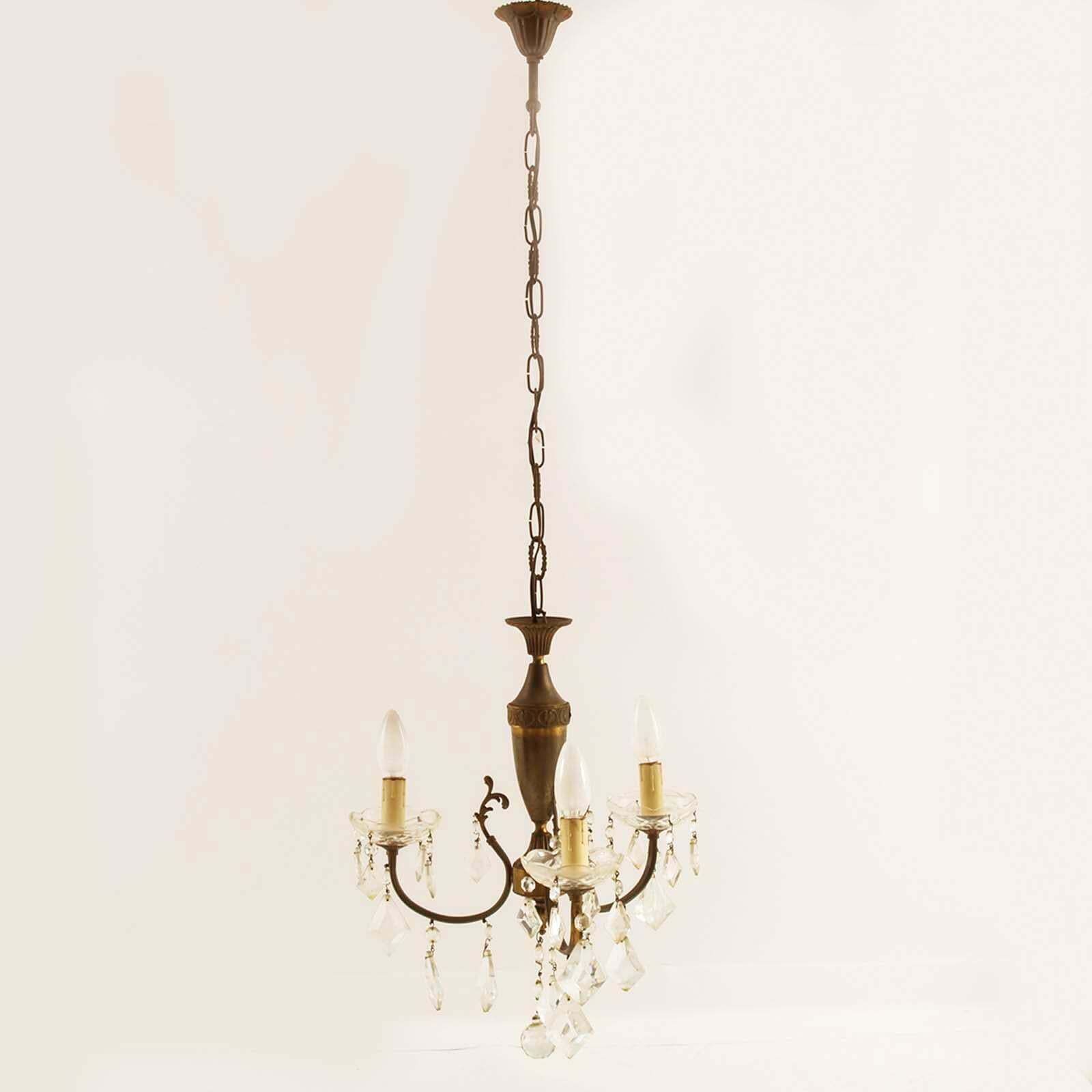 1940s Art Deco Burnished Brass Chandelier Three Lights Swarovsky Pendants photo furniture