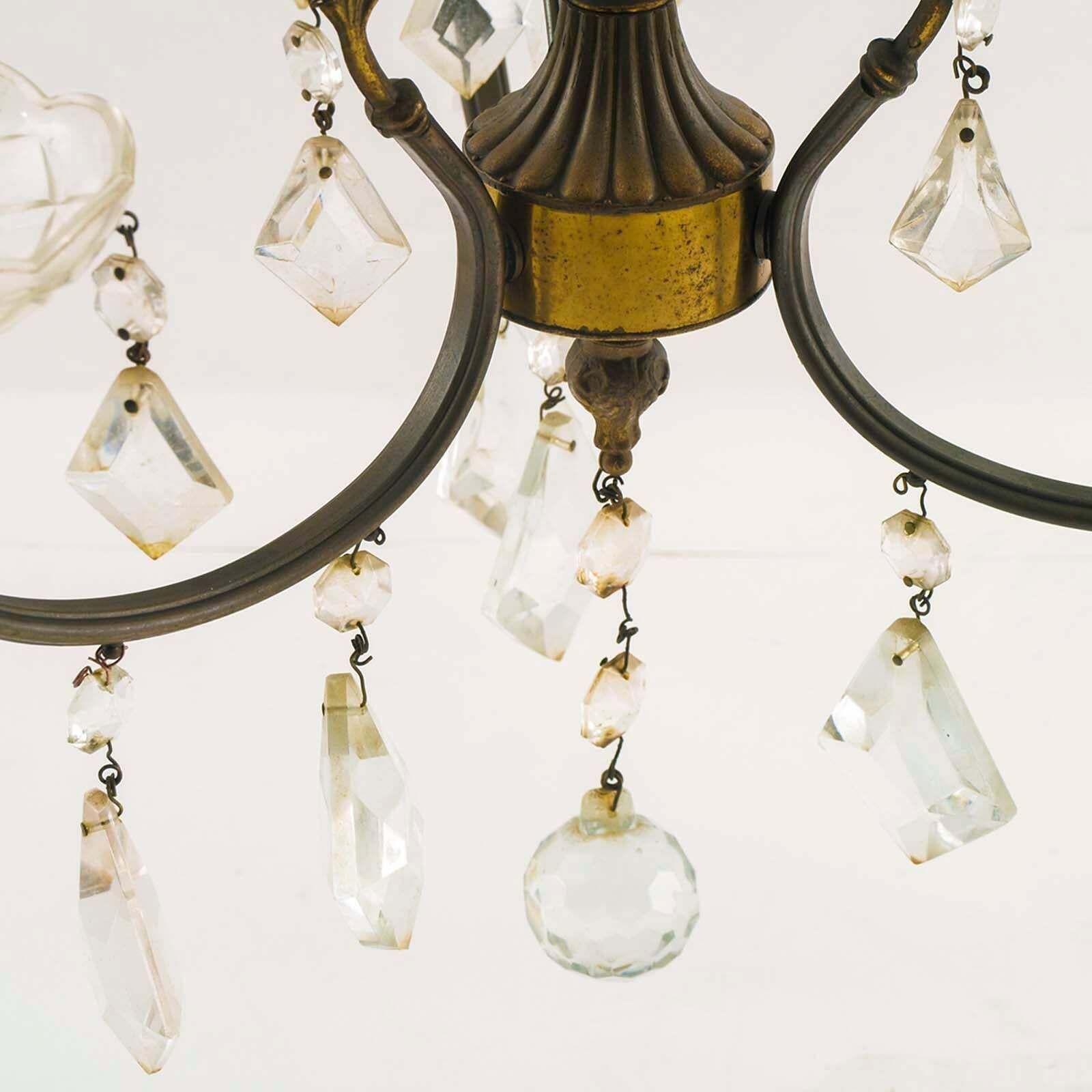 1940s Art Deco Burnished Brass Chandelier Three Lights Swarovsky Pendants photo 1858.0