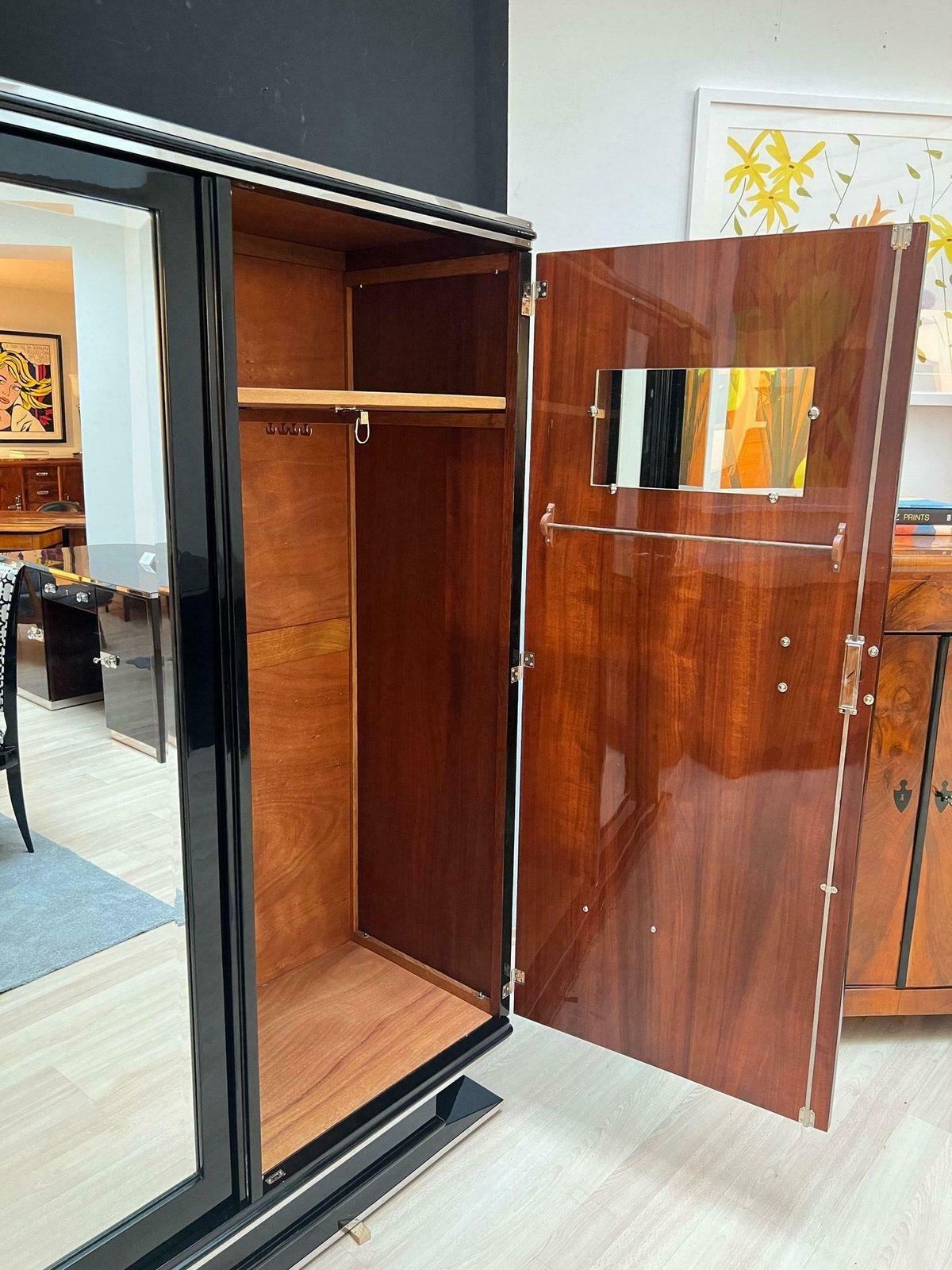 photo for sale Art Deco Wardrobe Armoire, Black Lacquer, Mahogany, Chrome, France Circa 1930