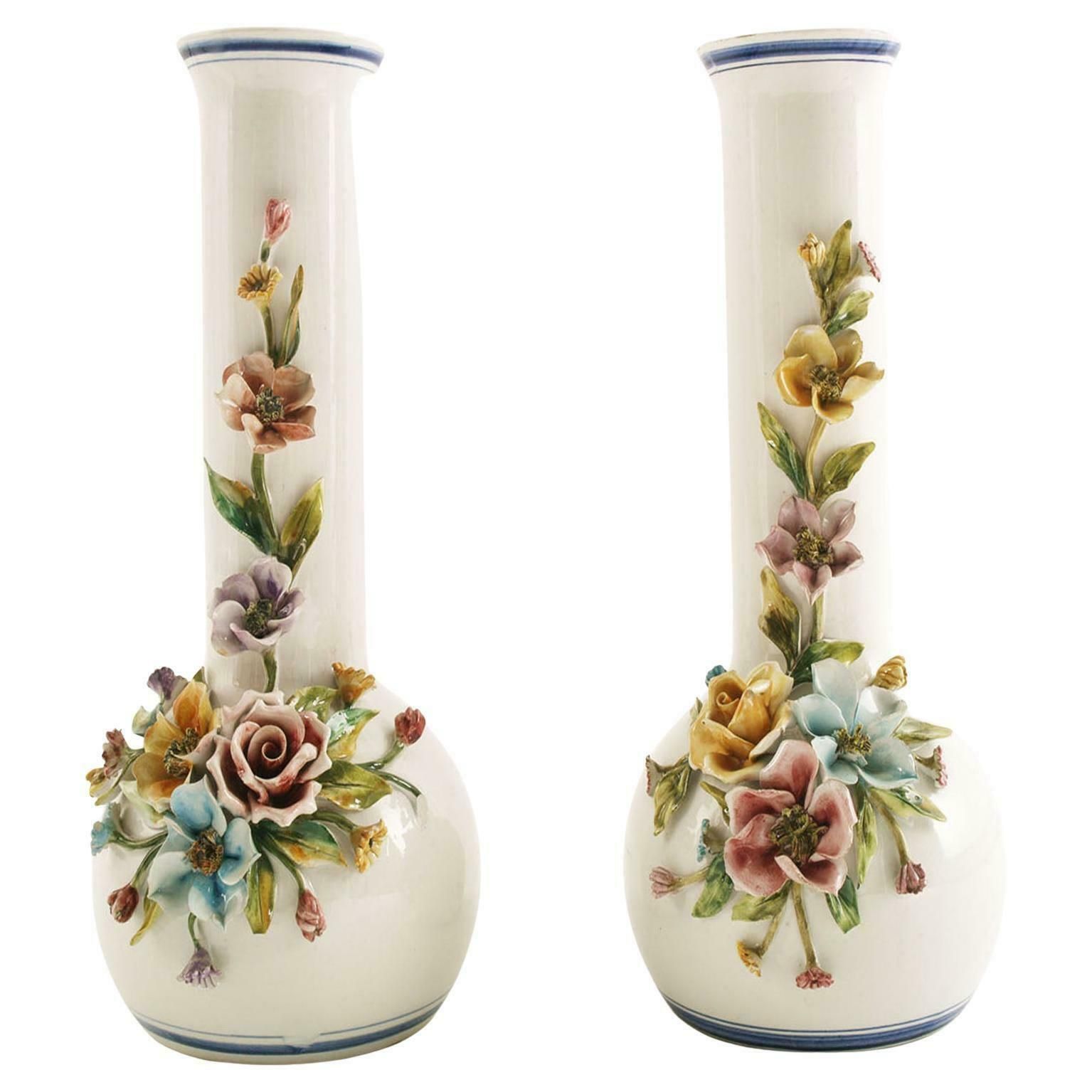 Mid Century Pair Ornaments Of Ceramic Vases From Bassano, Hand Painted Crafted