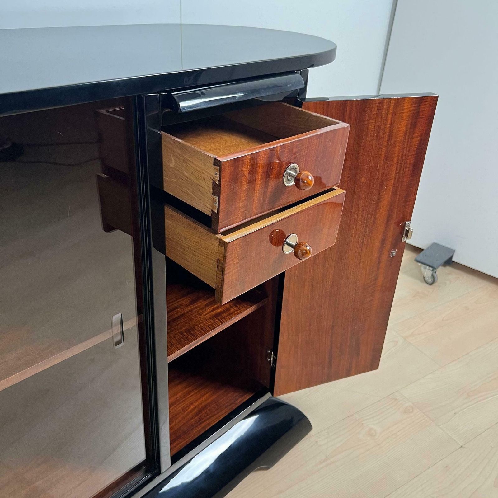 4471.08 Art Deco Half Cabinet, Black Lacquer, Mahogany, France Circa 1930 photo