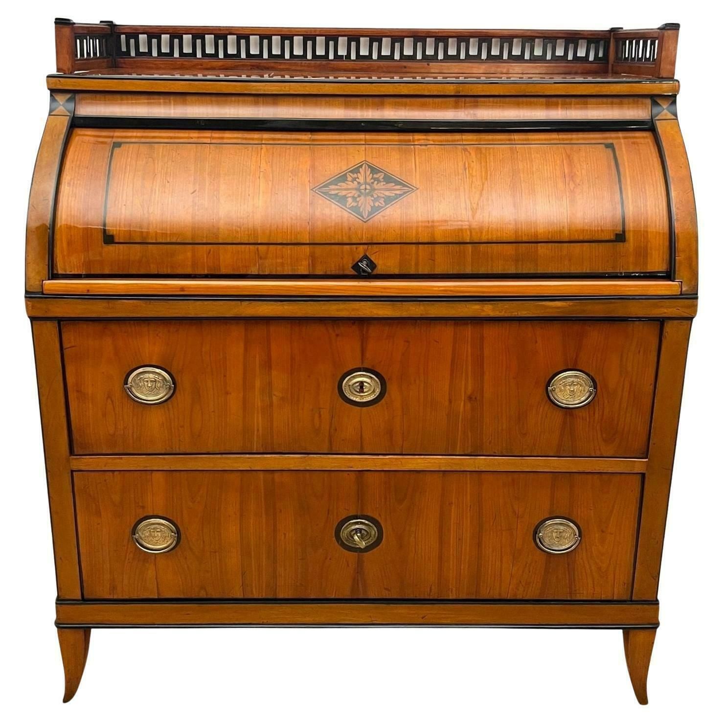 Biedermeier Roll Top Desk, Cherry Veneer, Brass, Ink, South Germany Circa 1820 photo furniture
