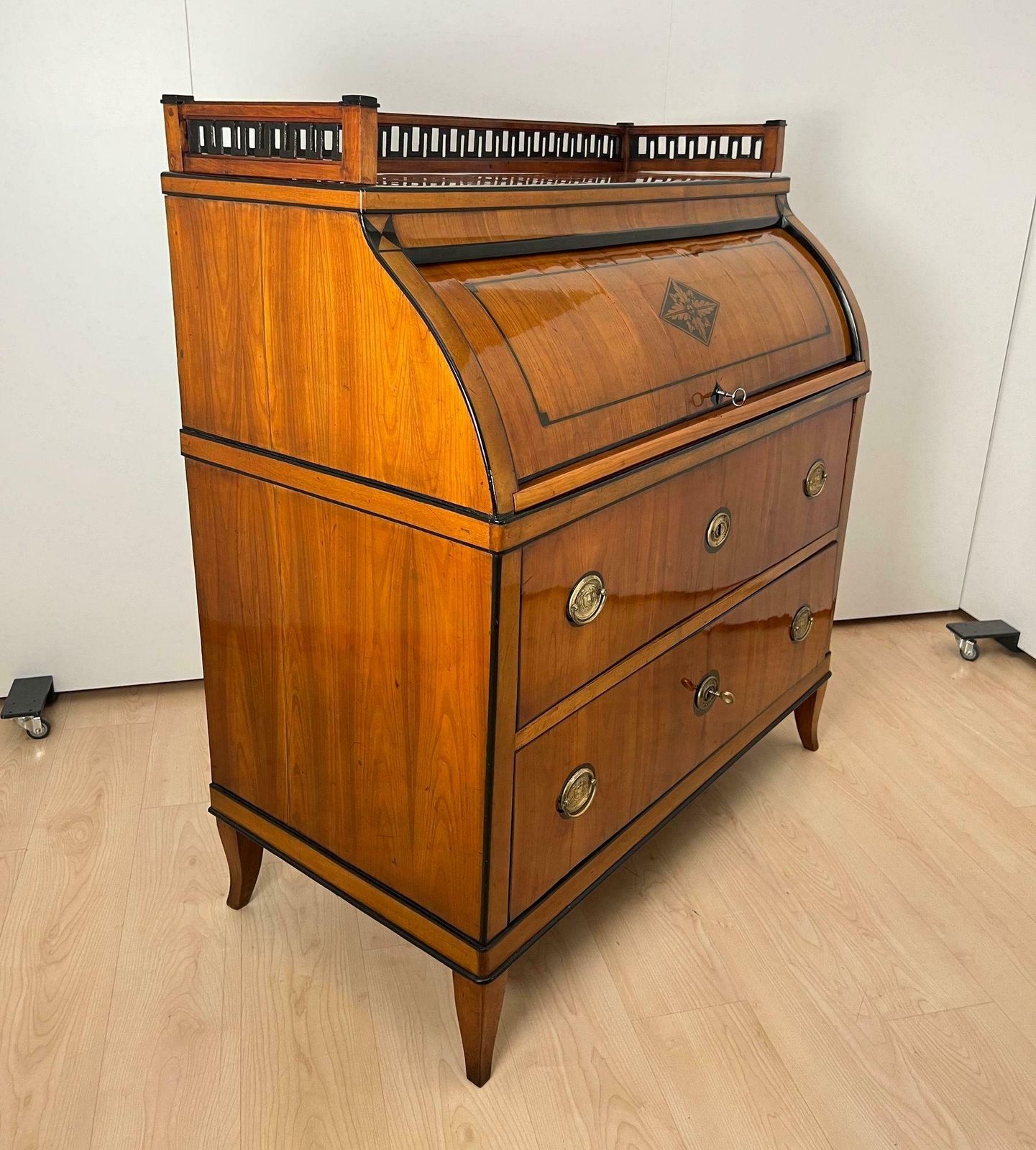 Biedermeier Roll Top Desk, Cherry Veneer, Brass, Ink, South Germany Circa 1820 photo Furniture