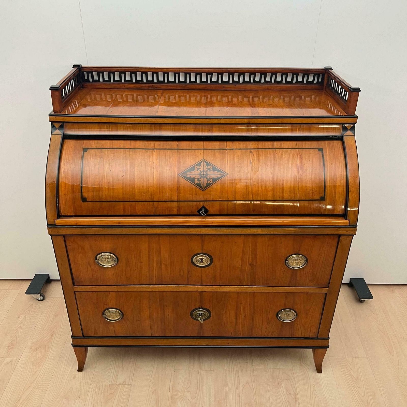 Biedermeier Roll Top Desk, Cherry Veneer, Brass, Ink, South Germany Circa 1820 photo buy