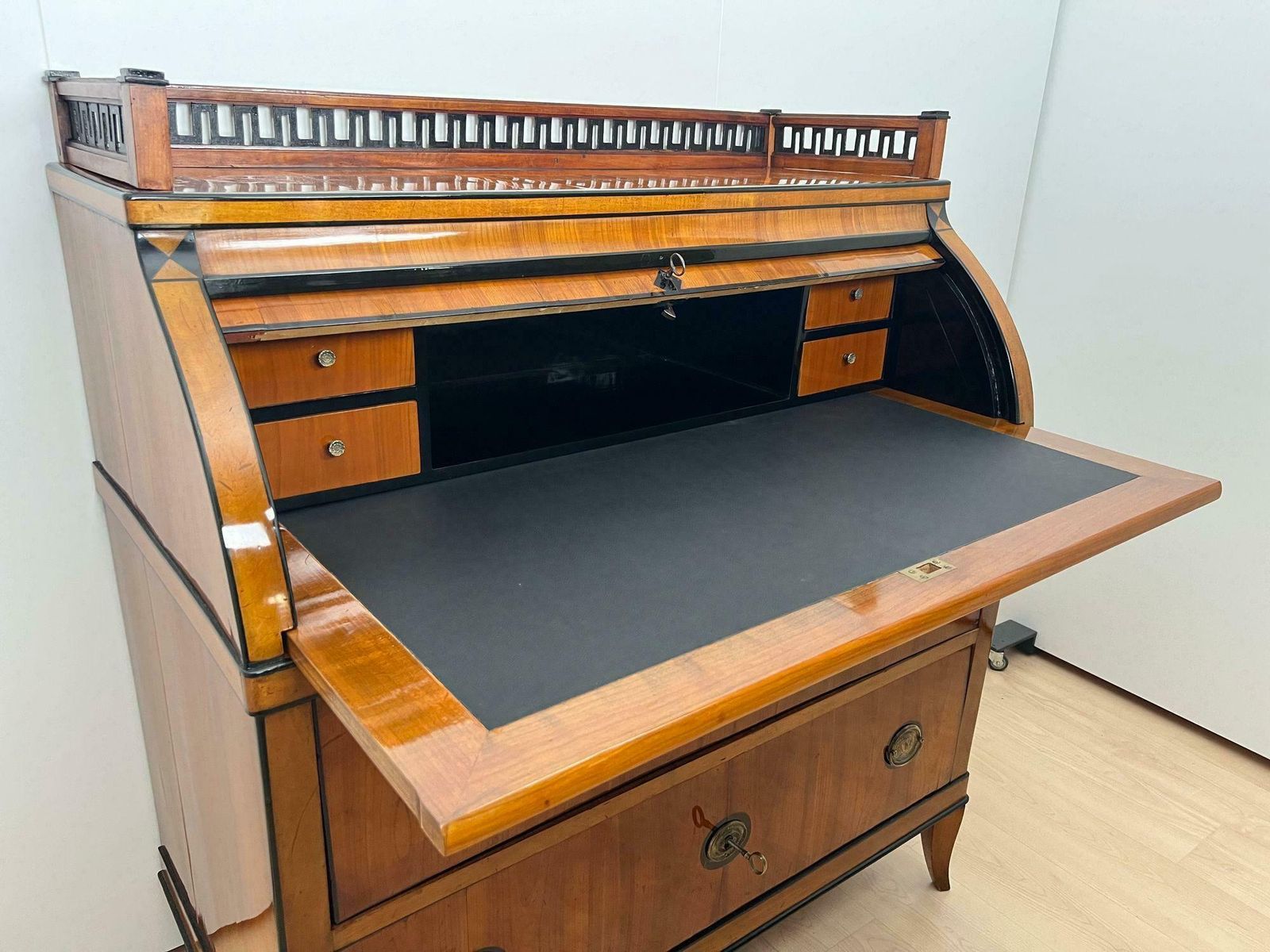 Furniture Biedermeier Roll Top Desk, Cherry Veneer, Brass, Ink, South Germany Circa 1820 photo