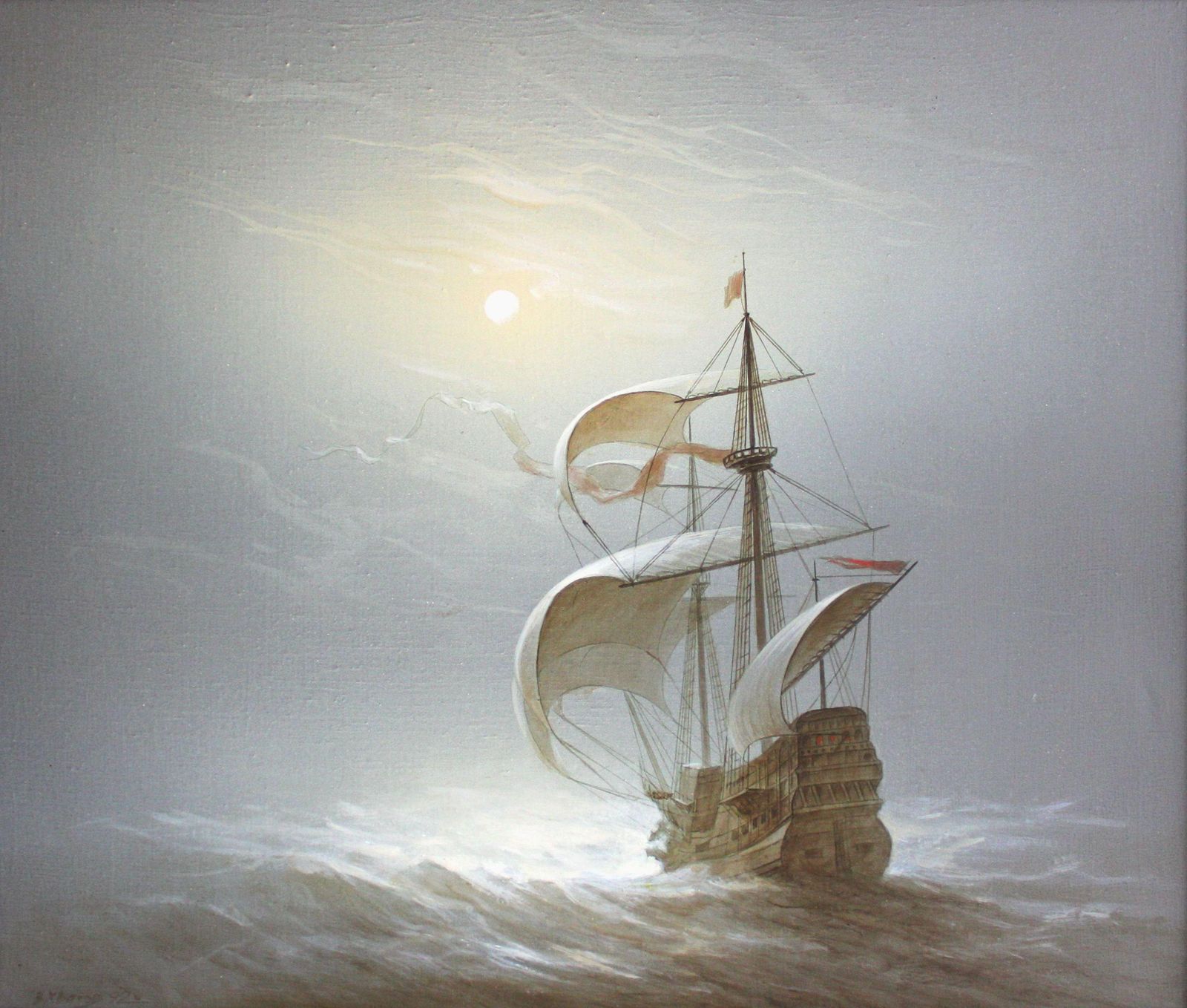 Vasily Hvatovsailboat At Full Moon  Oil On Canvas, 60x70 Cm