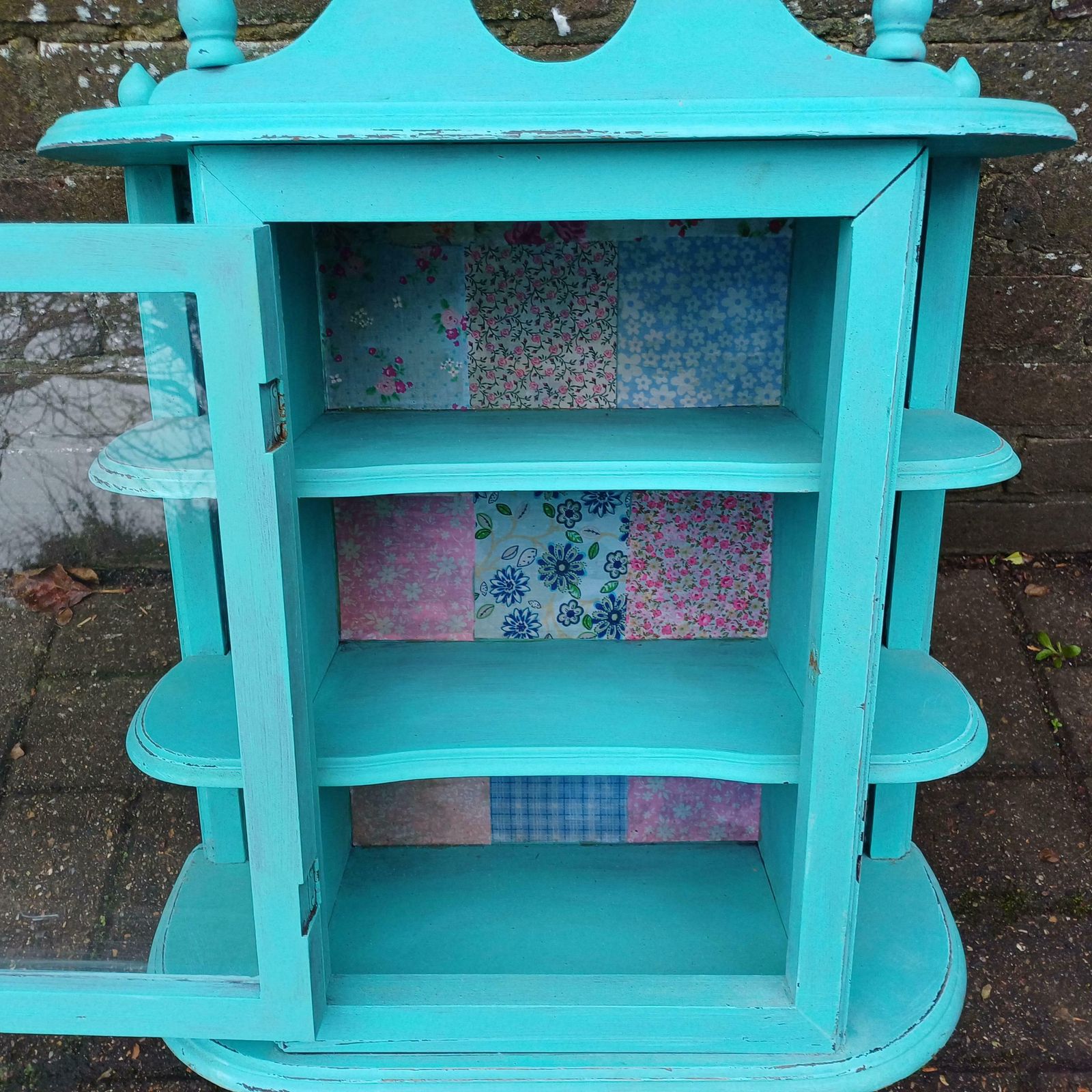 Bespoke Upcycled Glazed Display Cupboard In Turquoise With Decoupage Decoration Shabby Chic Chintz. photo buy