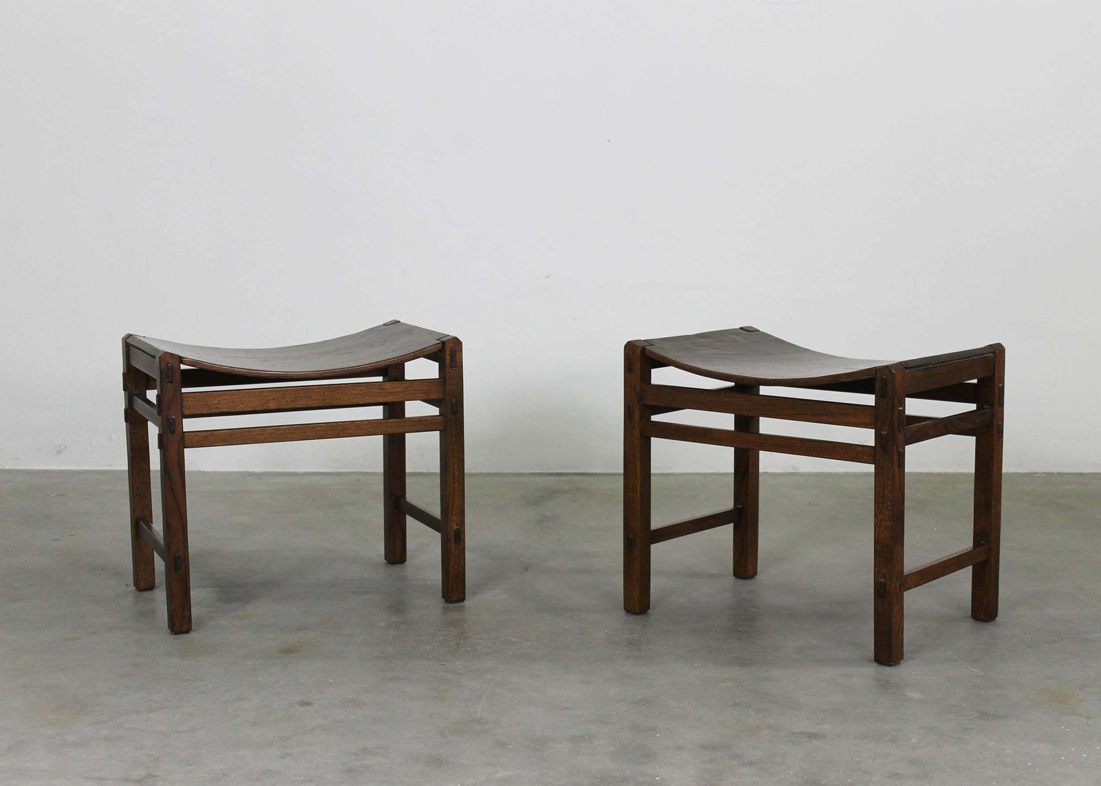 Giuseppe Rivadossi Set Of Two Stools In Oak Wood By Officina Rivadossi 1970s photo vinterior