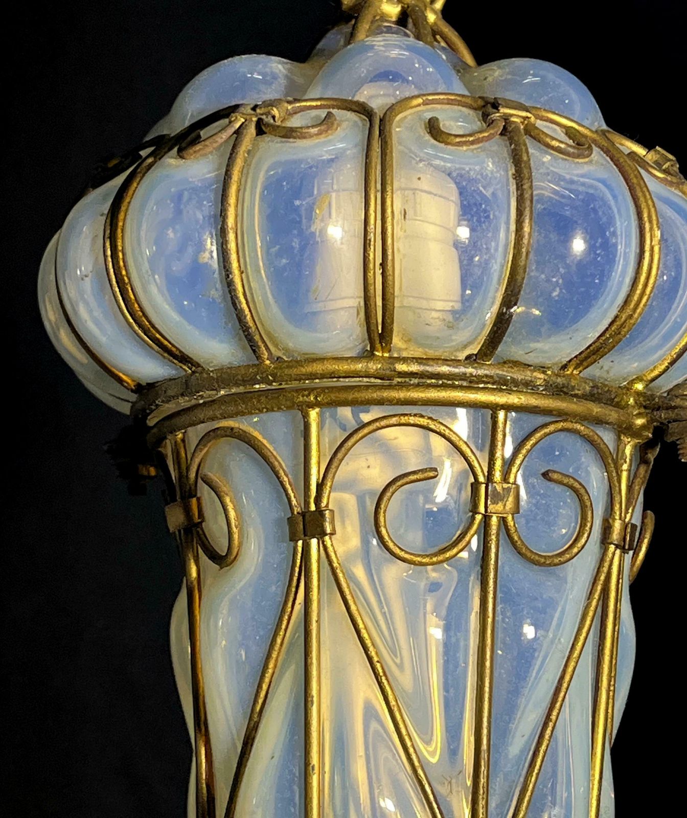 Charming Pair Of Venetian Opal Glass Lanterns And Sconce, Murano, 1950 photo Lighting