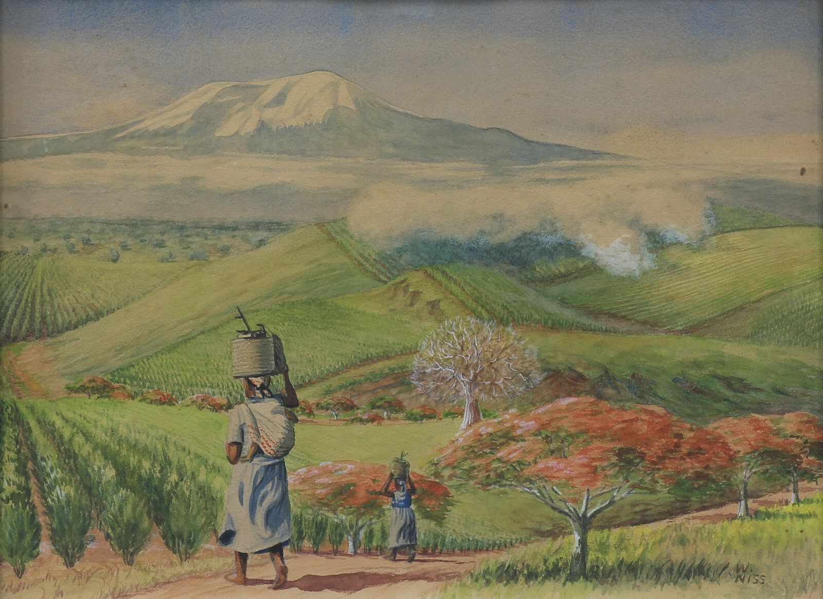 Watercolour By W. Niss. Subject Is A Coffee Plantation With Mount Kilimanjaro. photo furniture