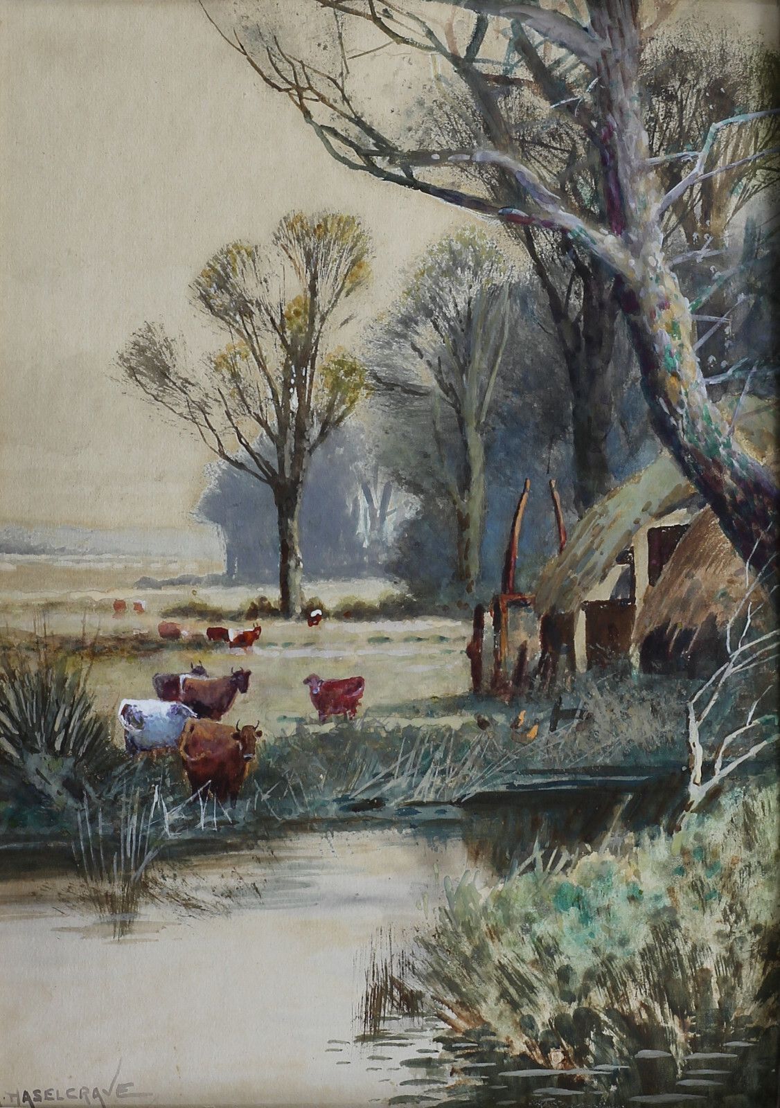 Watercolour By Adelaide Haselcrave. Subject Is Cows Grazing By A Waterway. photo furniture