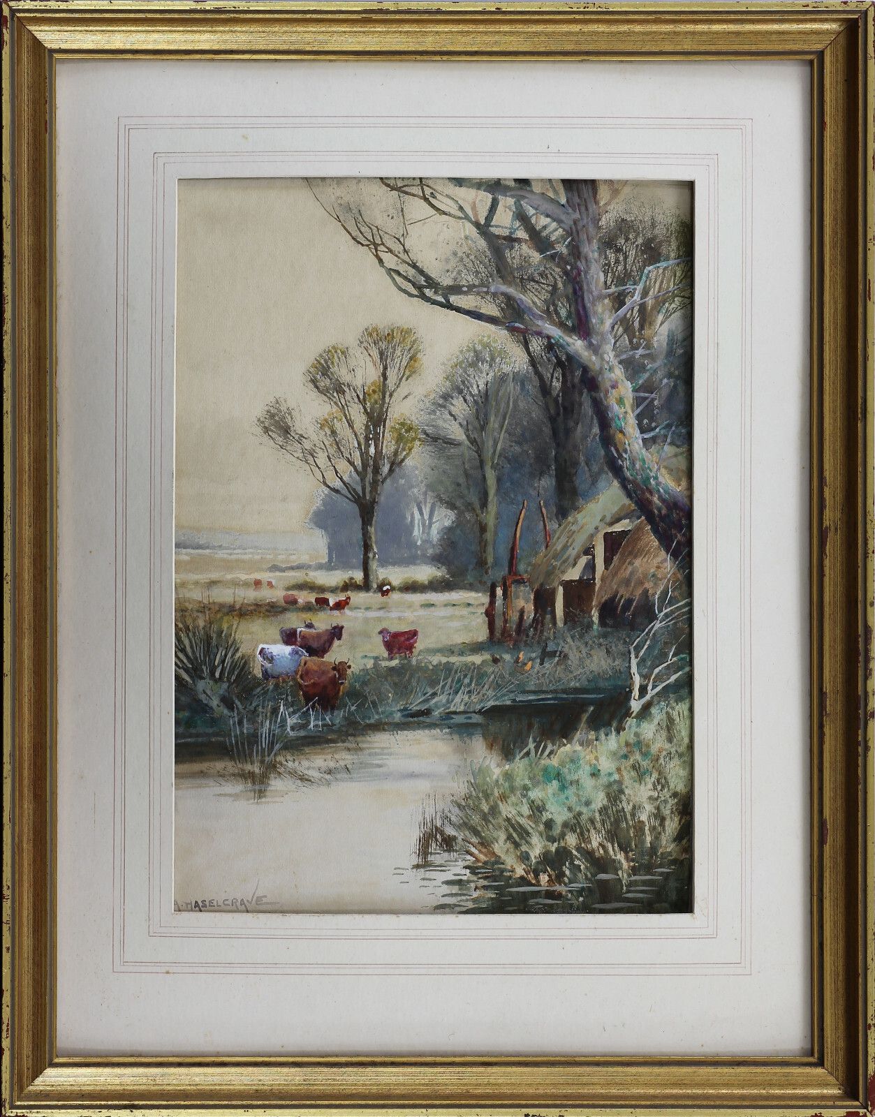Watercolour By Adelaide Haselcrave. Subject Is Cows Grazing By A Waterway. photo Art