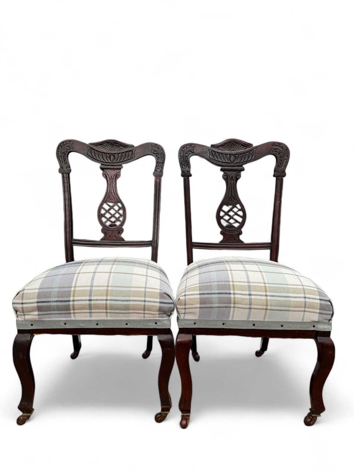 photo furniture Antique Victorian Bedroom Chairs C1870 / Legs With Castors / New Upholstery / Set Of 2