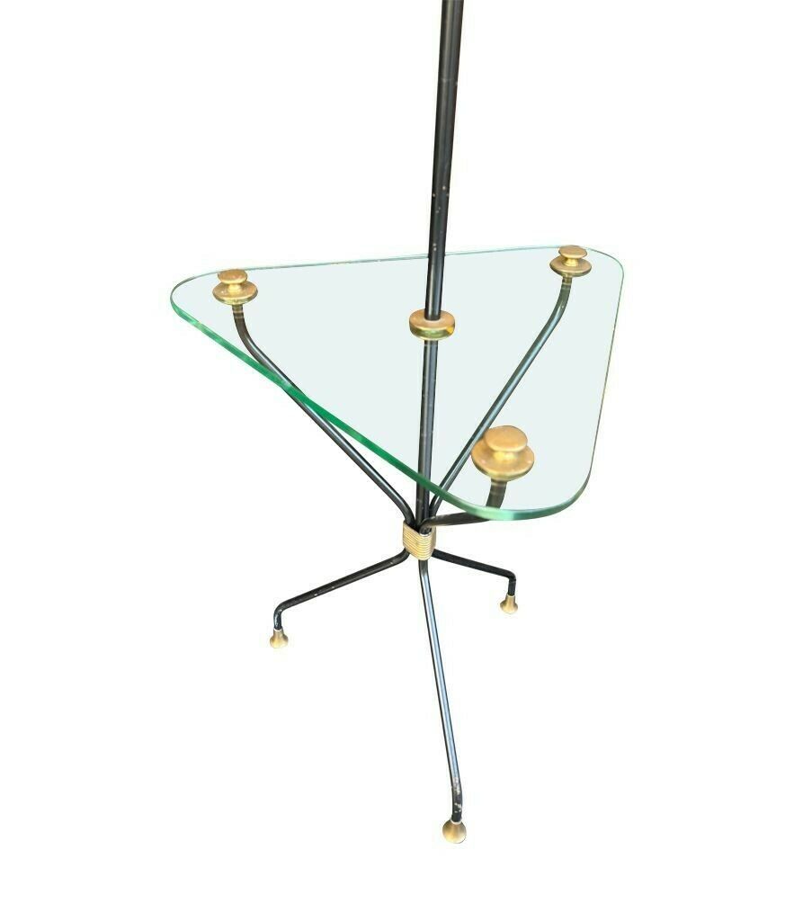 A 1950s French Black Lacquer And Brass Tripod Floor Lamp With Glass Centre photo for sale