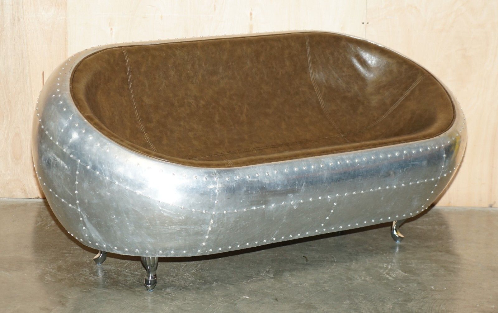 Super Cool Aviator Style Hand Hammered Aluminium & Brown Leather Two Seat Sofa