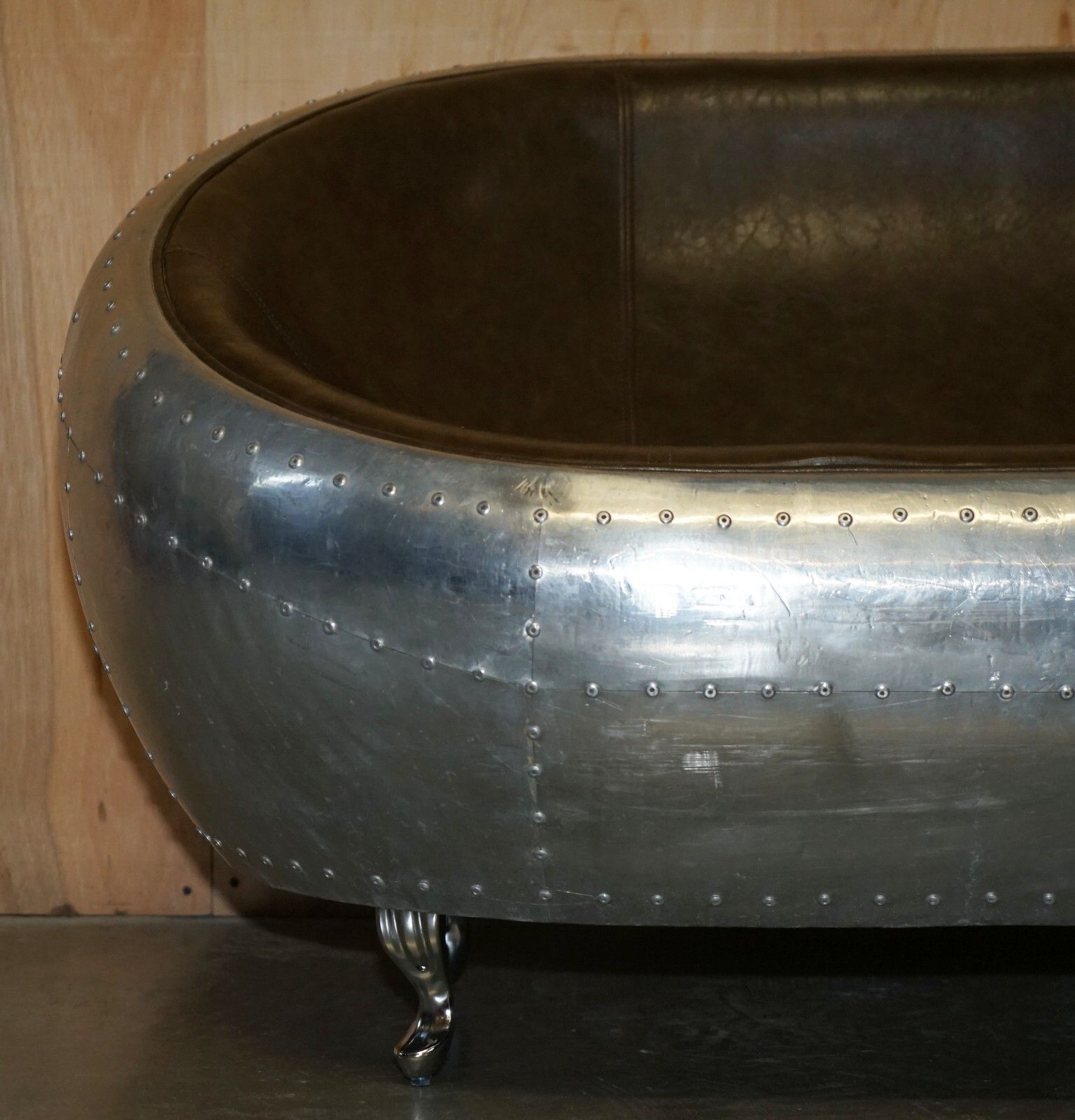 photo furniture Super Cool Aviator Style Hand Hammered Aluminium & Brown Leather Two Seat Sofa