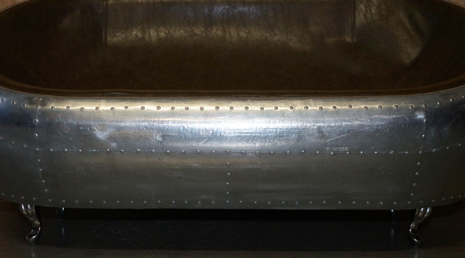 photo for sale Super Cool Aviator Style Hand Hammered Aluminium & Brown Leather Two Seat Sofa