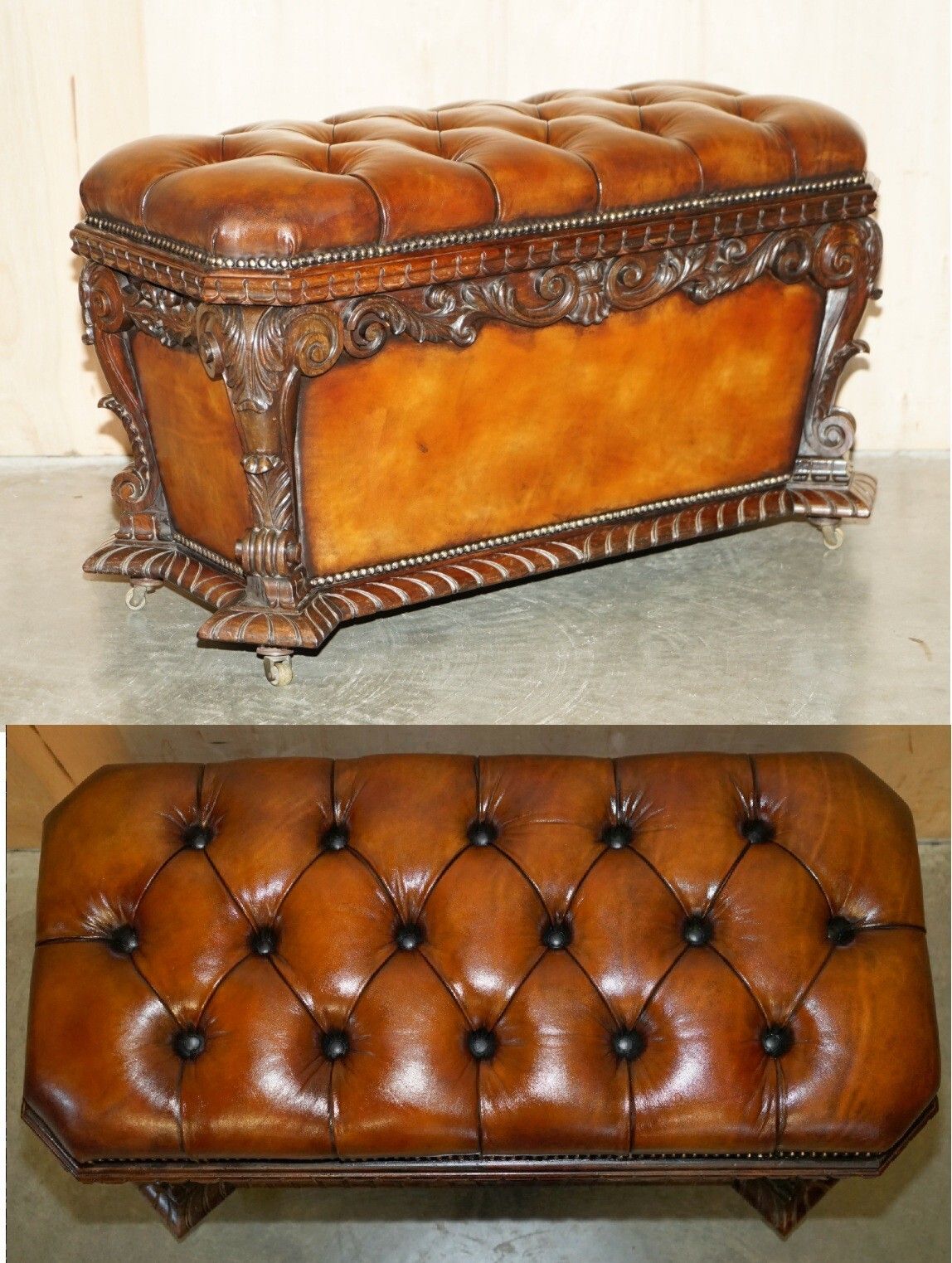 Important Restored Antique 1830 Leather Rosewood Chesterfield Ottoman Stool