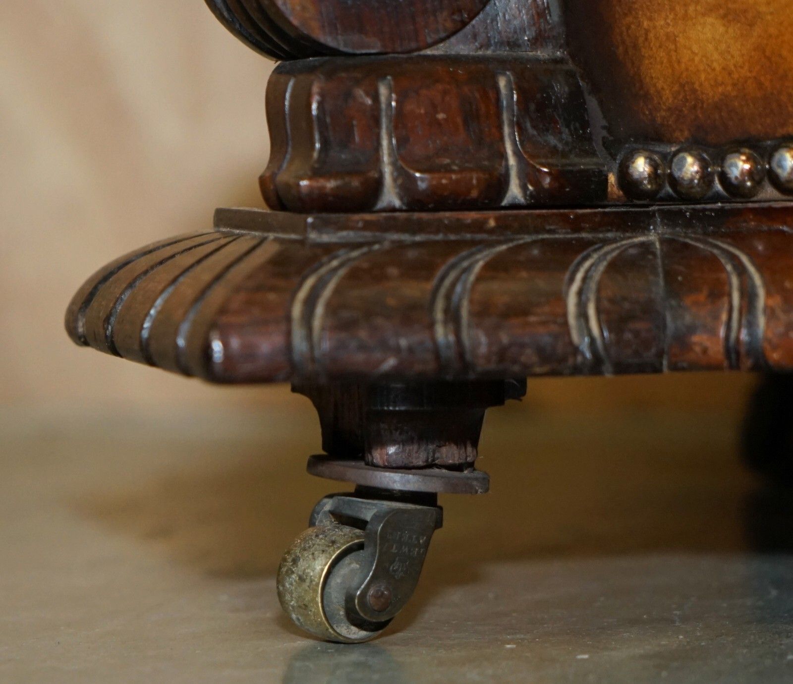 photo for sale Important Restored Antique 1830 Leather Rosewood Chesterfield Ottoman Stool