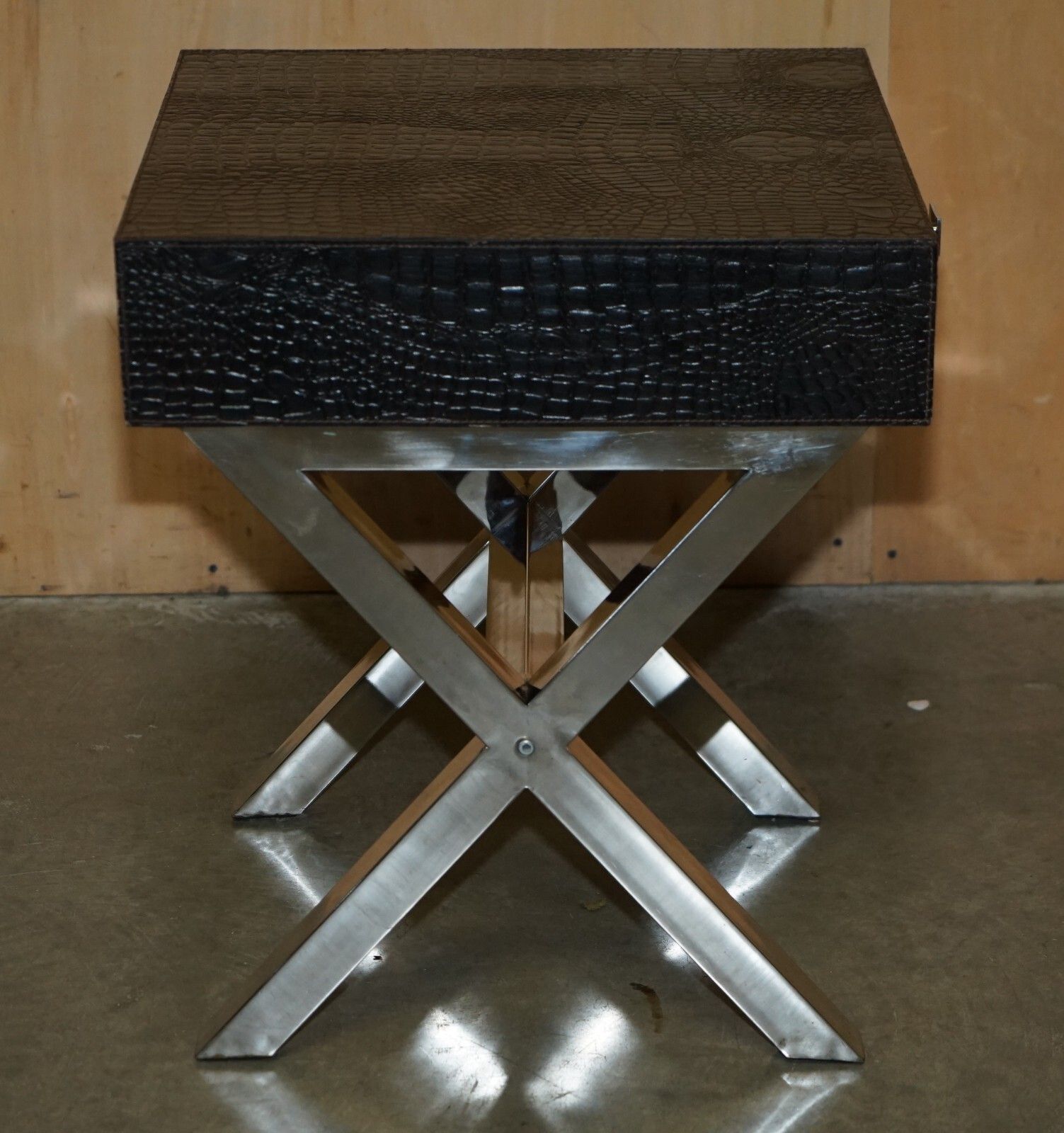 photo furniture Andrew Martin Style Pair Chrome Crocodile Alligator Leather Patina Side Tables