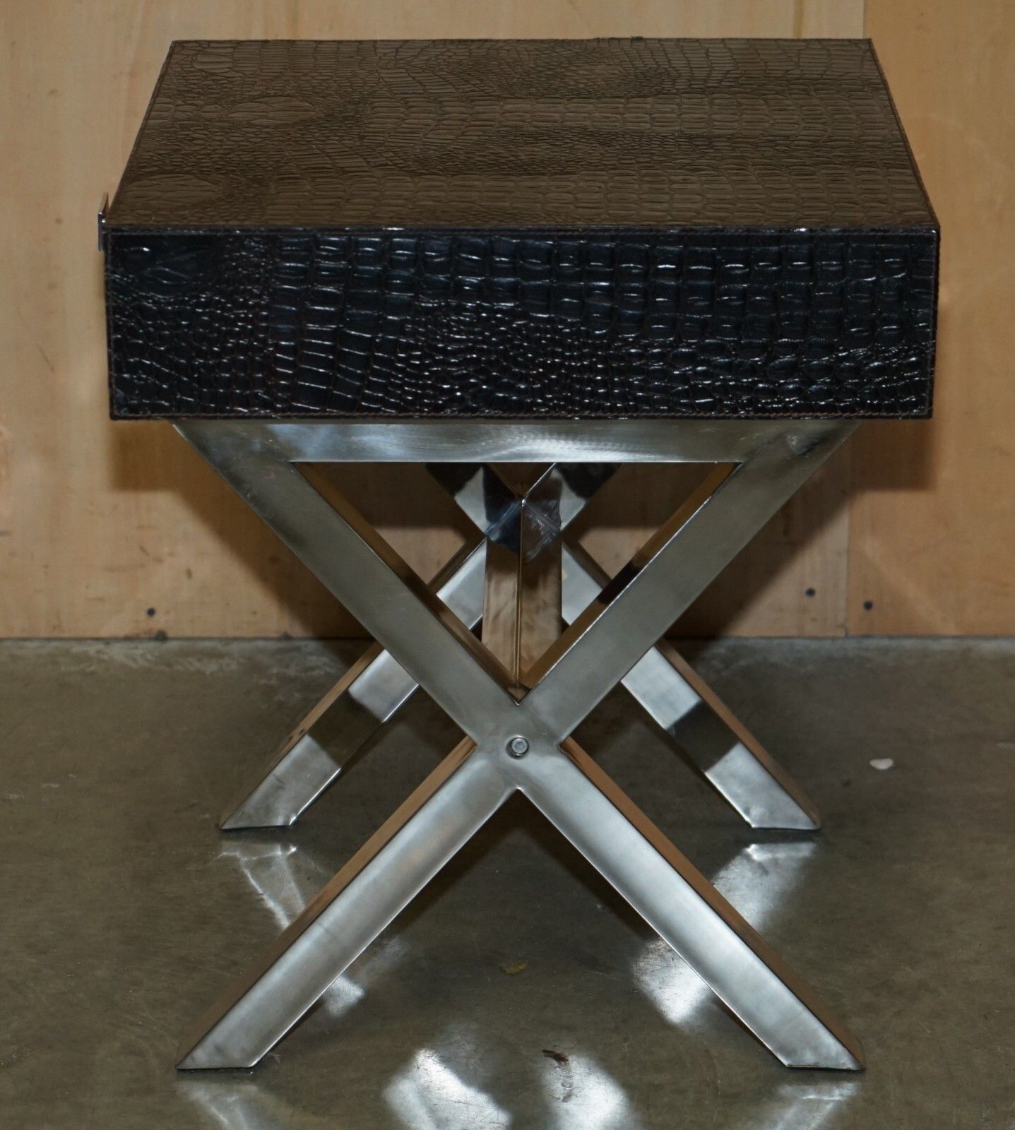 1750.0 Andrew Martin Style Pair Chrome Crocodile Alligator Leather Patina Side Tables photo