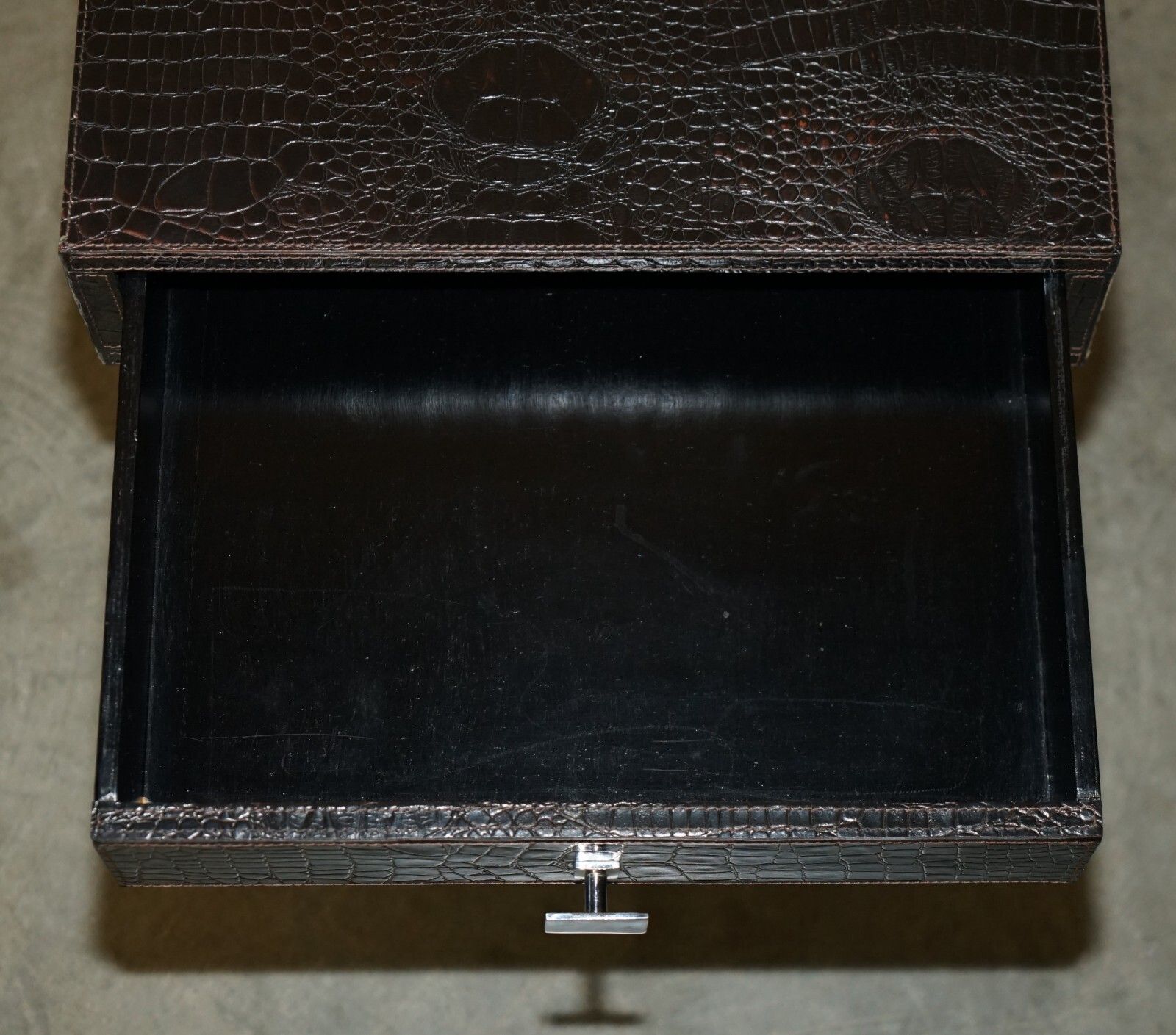 photo buy Andrew Martin Style Pair Chrome Crocodile Alligator Leather Patina Side Tables