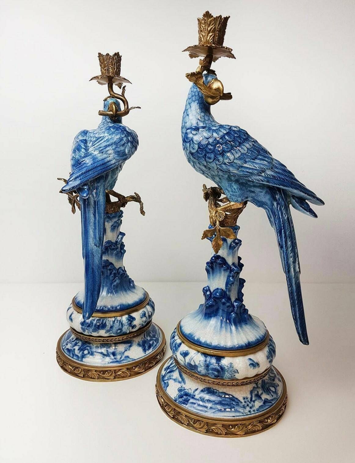 Pair Of Gilt Art Nouveau Style Brass Porcelain Parrot Standing Candlesticks photo for sale