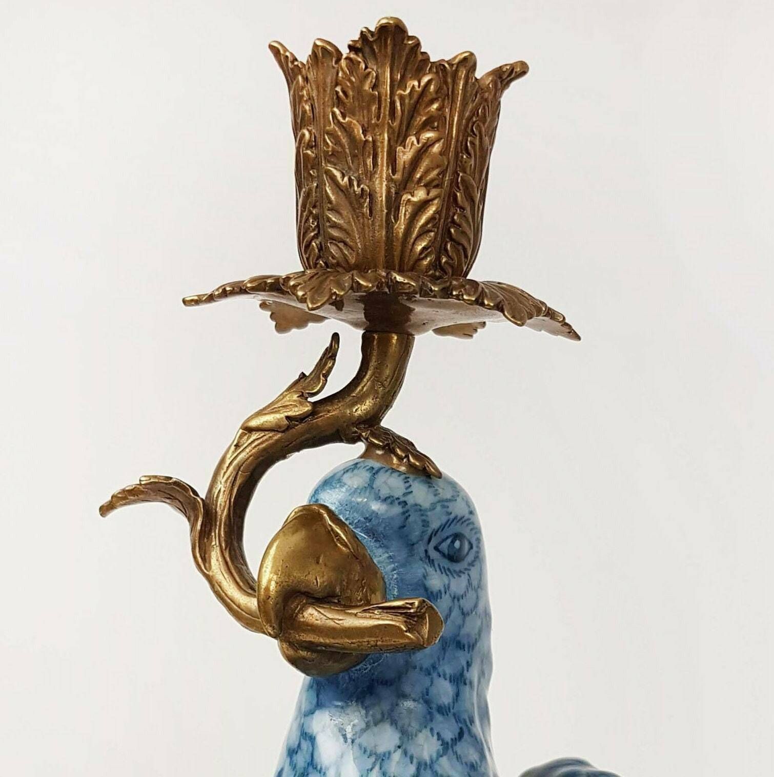 Pair Of Gilt Art Nouveau Style Brass Porcelain Parrot Standing Candlesticks photo buy