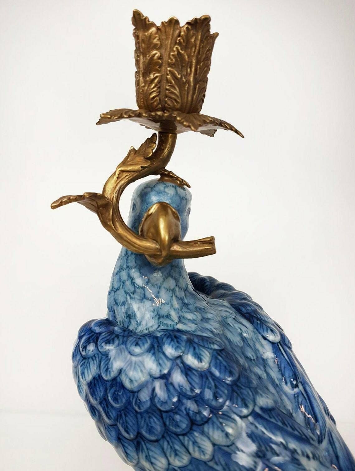 Pair Of Gilt Art Nouveau Style Brass Porcelain Parrot Standing Candlesticks photo vintage