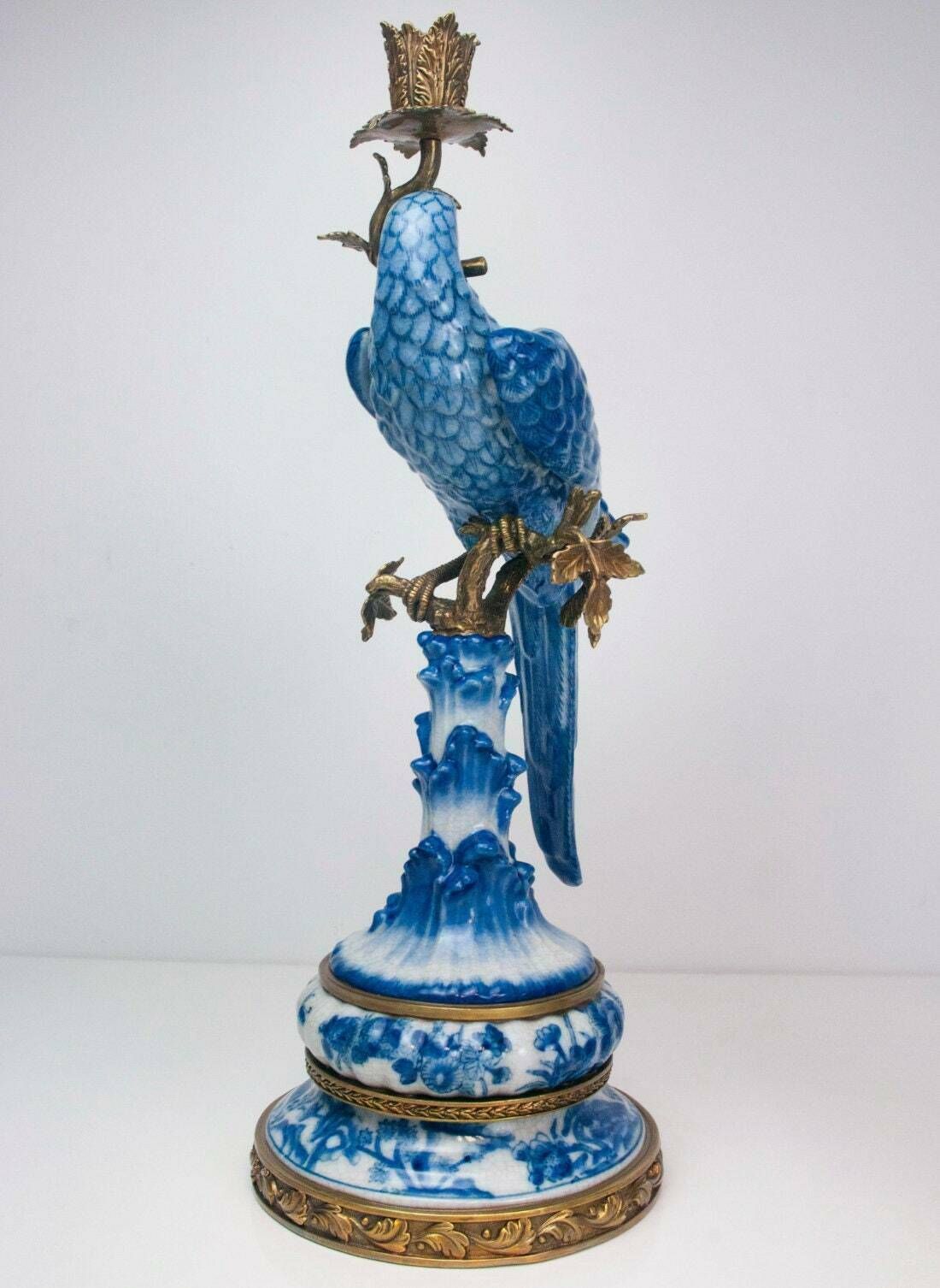 photo furniture Pair Of Gilt Art Nouveau Style Brass Porcelain Parrot Standing Candlesticks