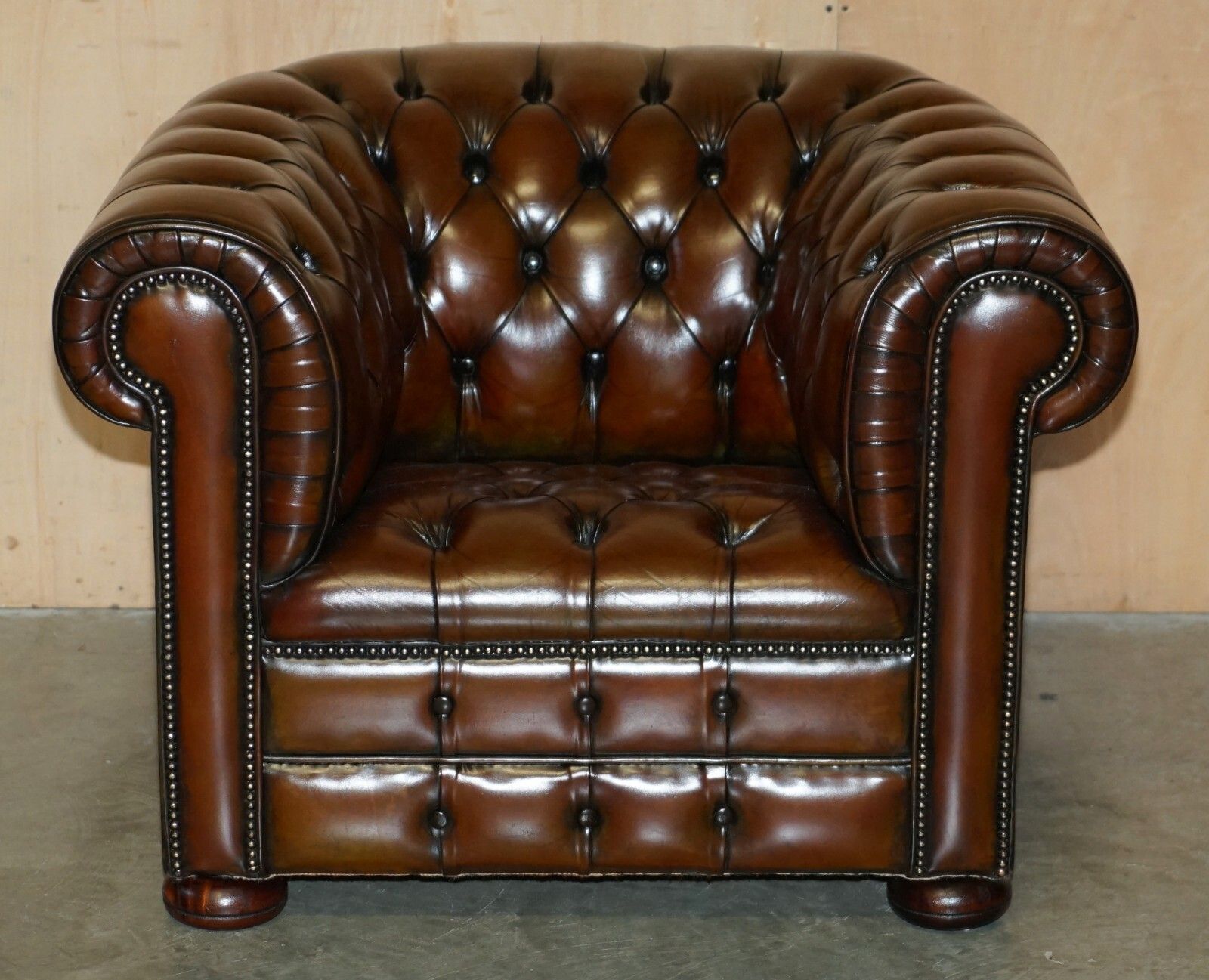 Pair Of Vintage Art Deco Restored Brown Leather Chesterfield Tufted Armchairs photo for sale