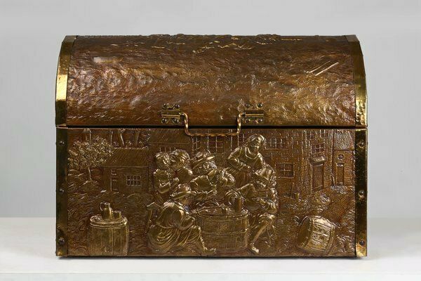 Large Chest Covered With Sculpted Copper Relief, Belgium, 1930s photo for sale