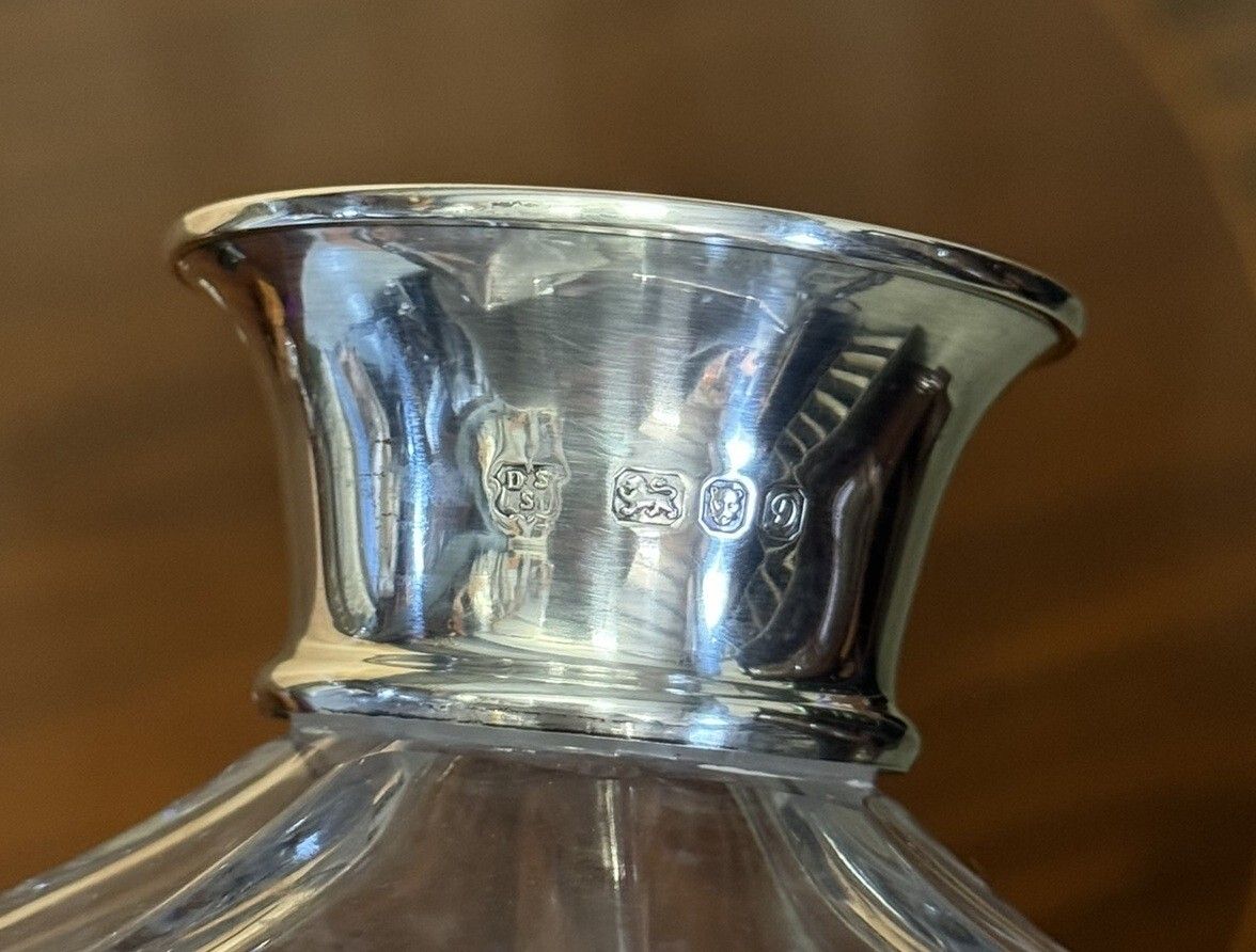 photo for sale Fine 1978 Antique David Shaw Whisky Spirit Decanter With Sterling Silver Collar