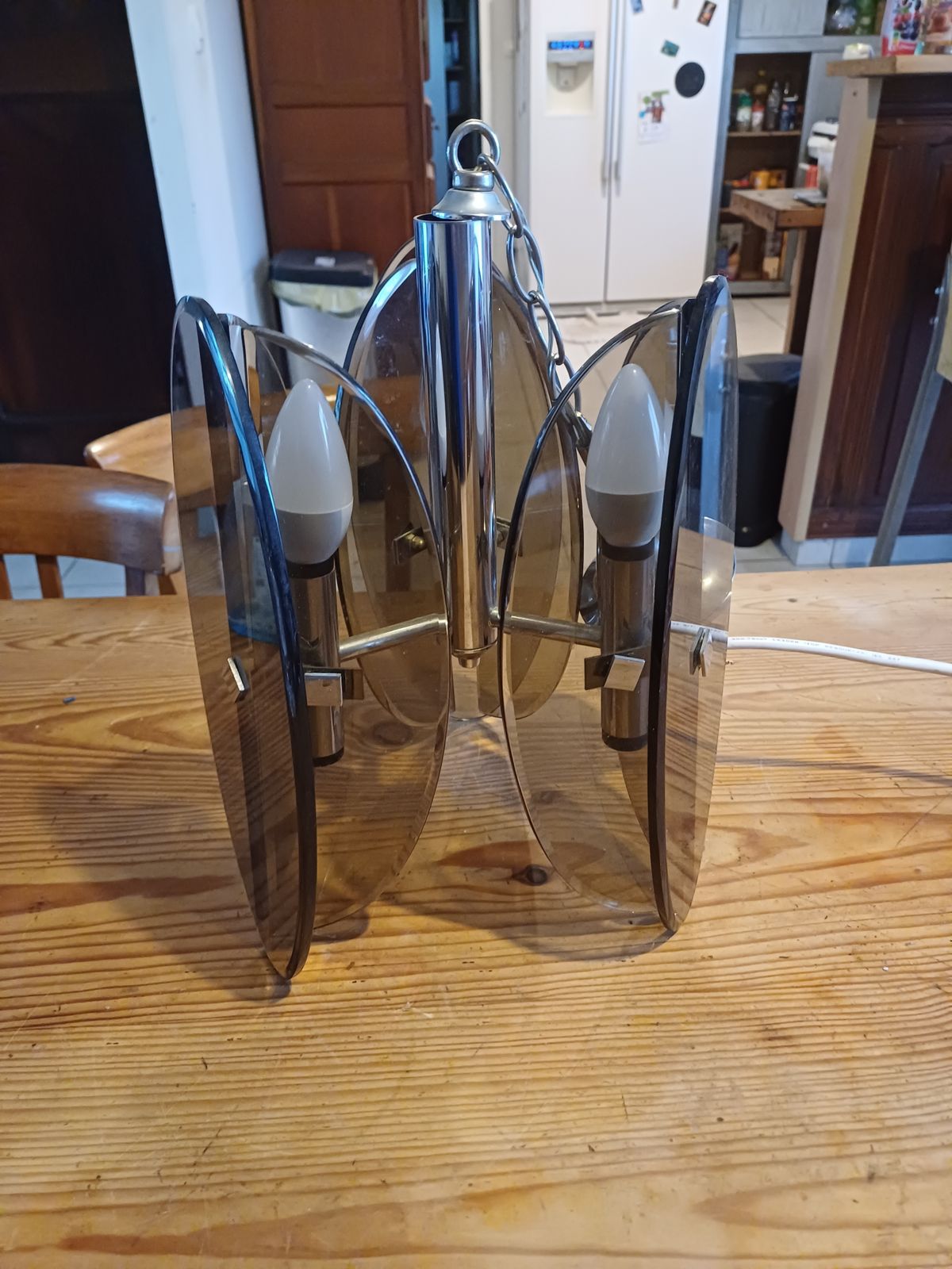 Vintage Chandelier By Fontana Arte, Chrome And Smoked Glass photo furniture