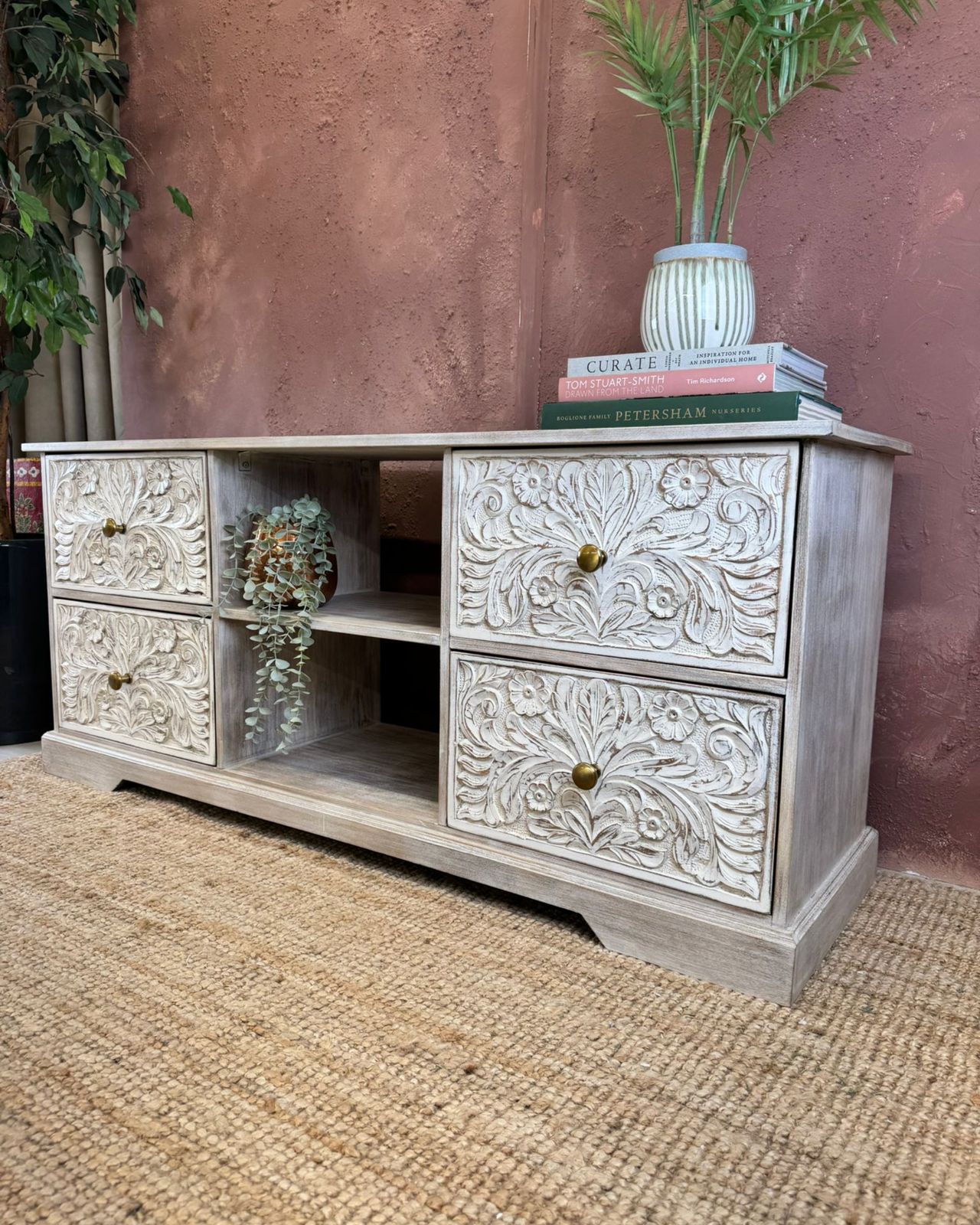Hand Carved Mango Wood 4 Drawer Tv/Media Sideboard With Floral Design photo for sale