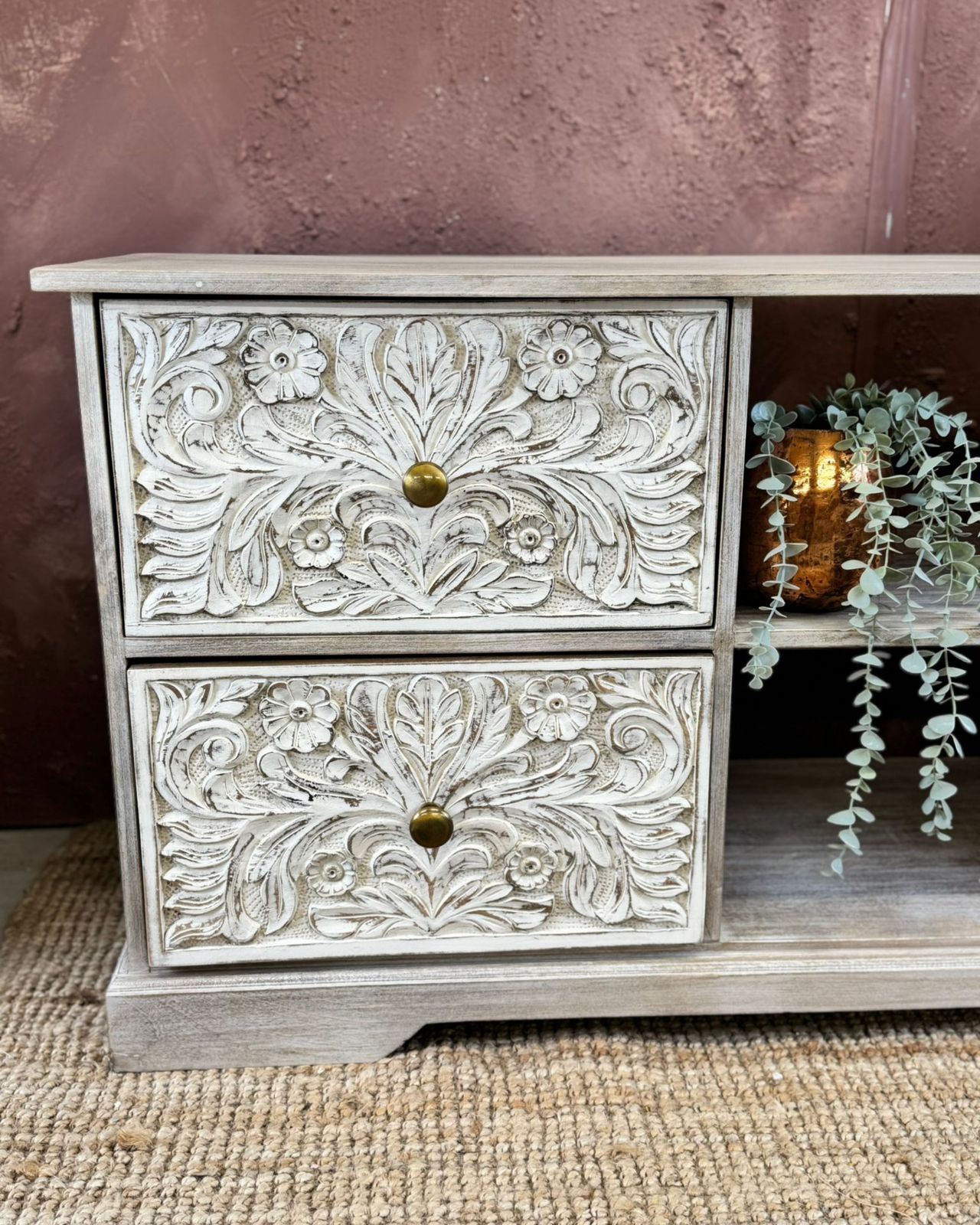 Hand Carved Mango Wood 4 Drawer Tv/Media Sideboard With Floral Design photo 495.0