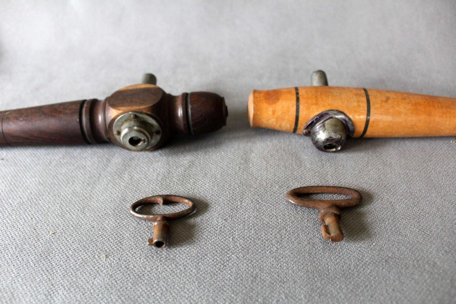 photo for sale 2 Vintage Wood Spigot, Wine Barrel, Beer Barrel, Keg, Key Lock Metal Mechanism, Le National Deposee, French, Country Farmhouse, Cider, Jug