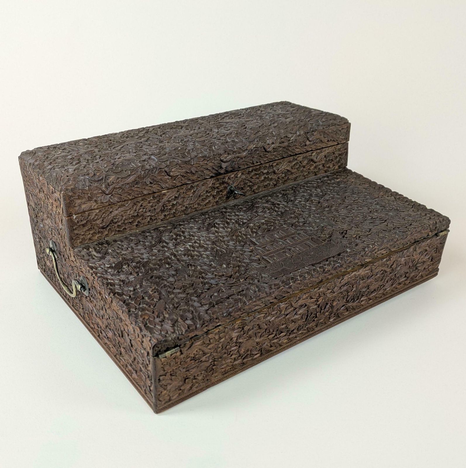 Antique Anglo Indian Bombay Intricately Carved Sandalwood Writing Slope Box 19th Century India