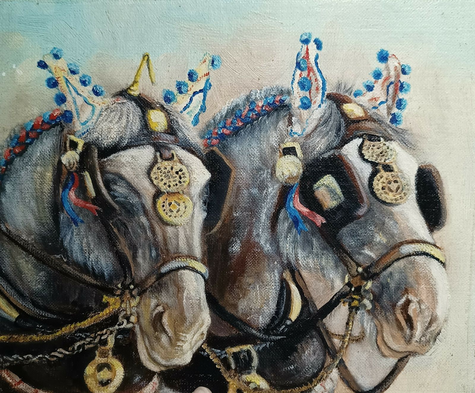 Unframed Oil Painting Pair Of Greys ,Shire Horses Artist Signed On Back. photo vinterior