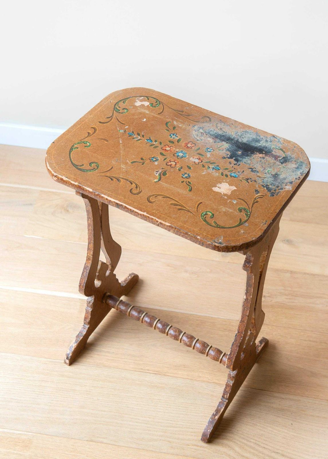 Antique Folk Art Table, Dutch Side Table With Carved Legs, 19th Century, Hand Painted Floral Coffee Table, Folklore Plant Stand photo 340.0