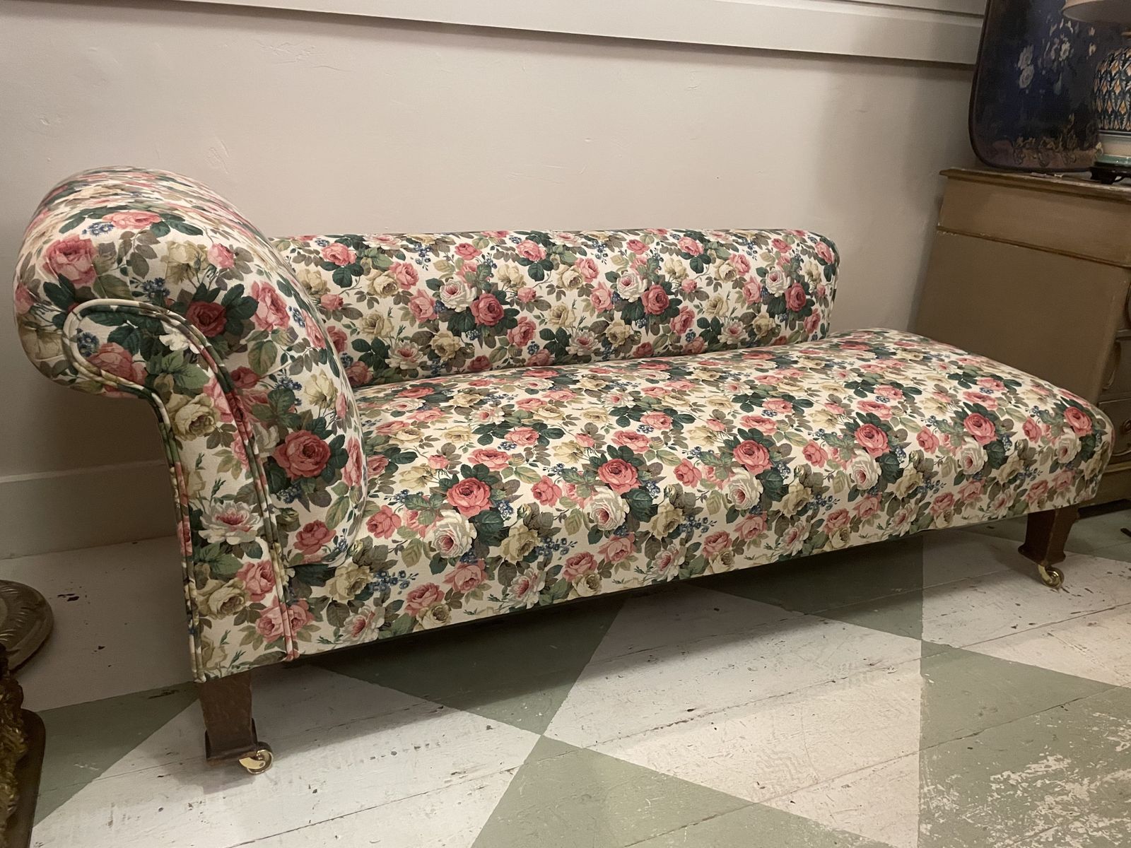 Edwardian Chaise Longue Mahogany With New Sanderson Upholstery