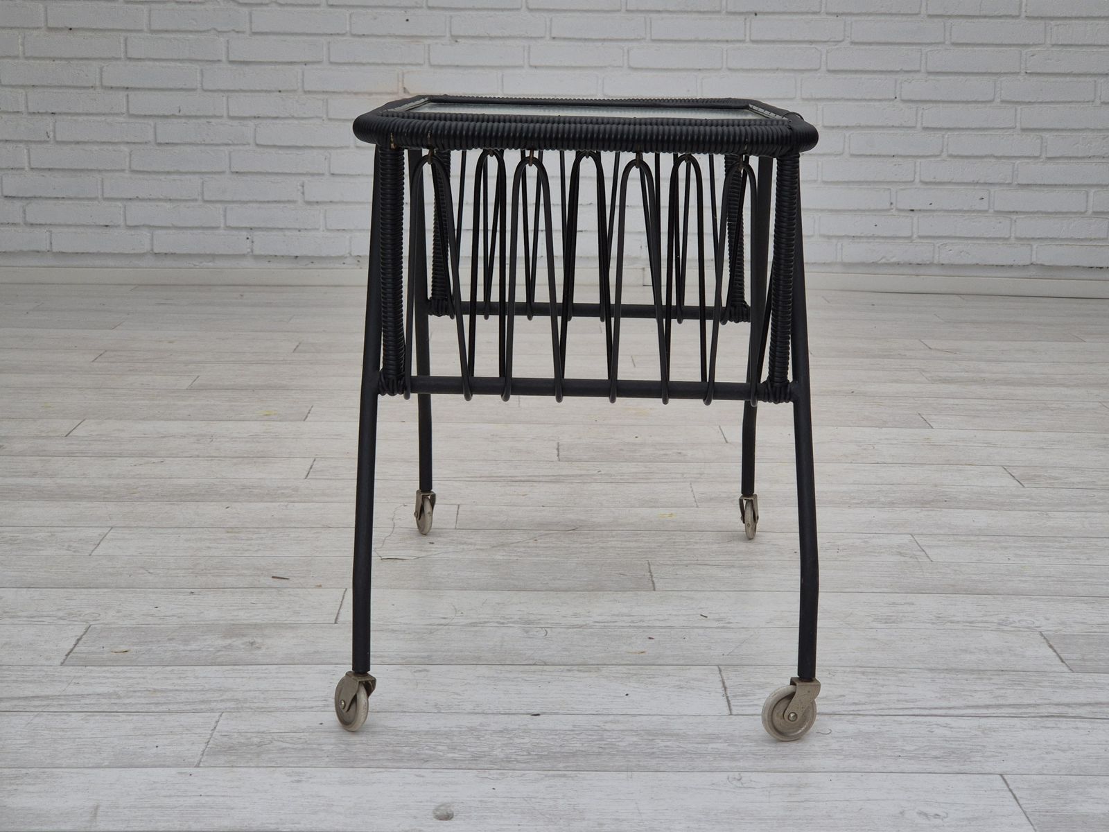 1970s, Scandinavian Side Table, Original Condition, Glass, Wood, Metal, Plastic Rope. photo vinterior