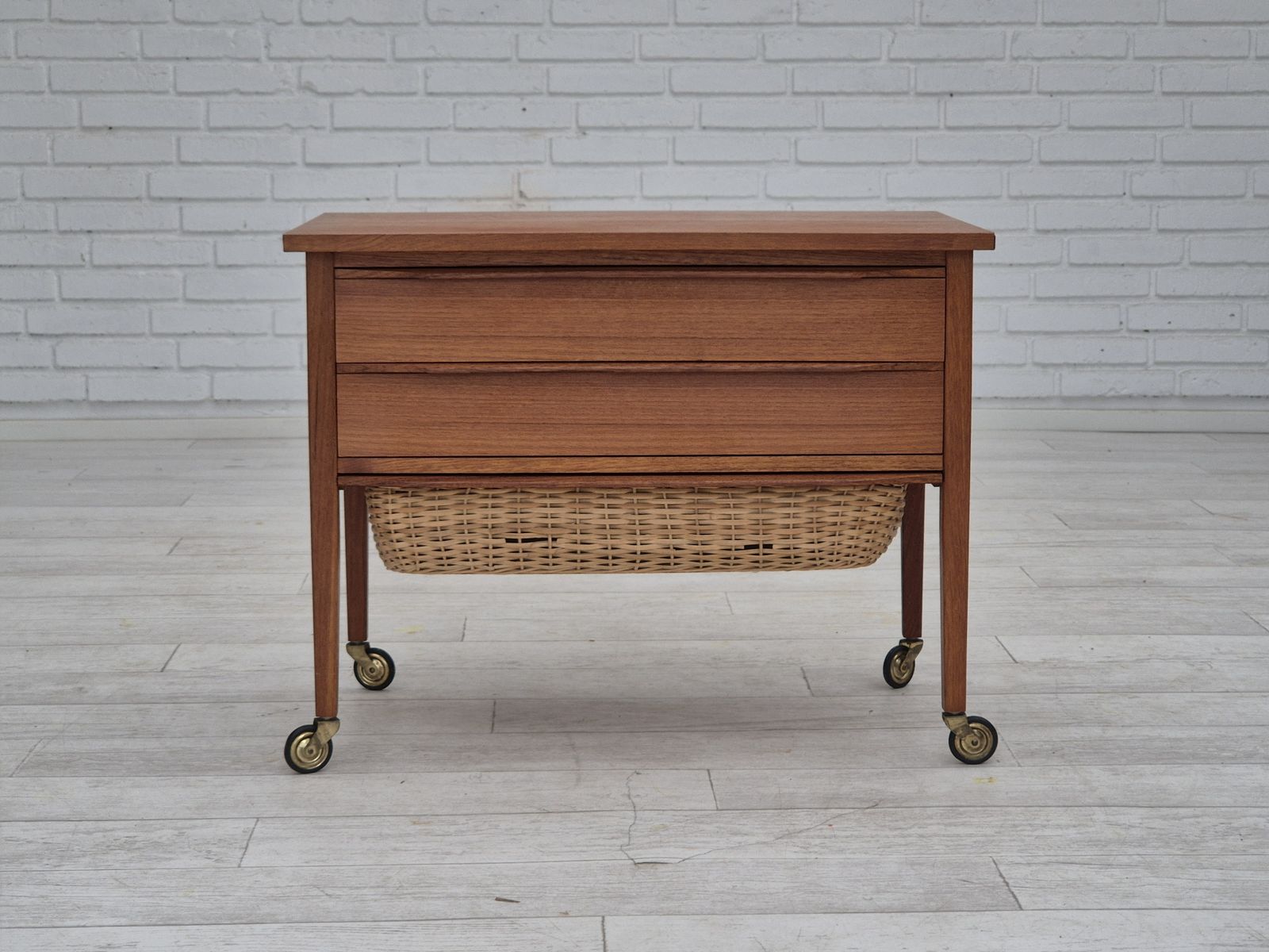 1970s, Danish Side Chest Of Drawers, Teak Wood, Rattan, Brass Wheels, Original Condition. photo Furniture