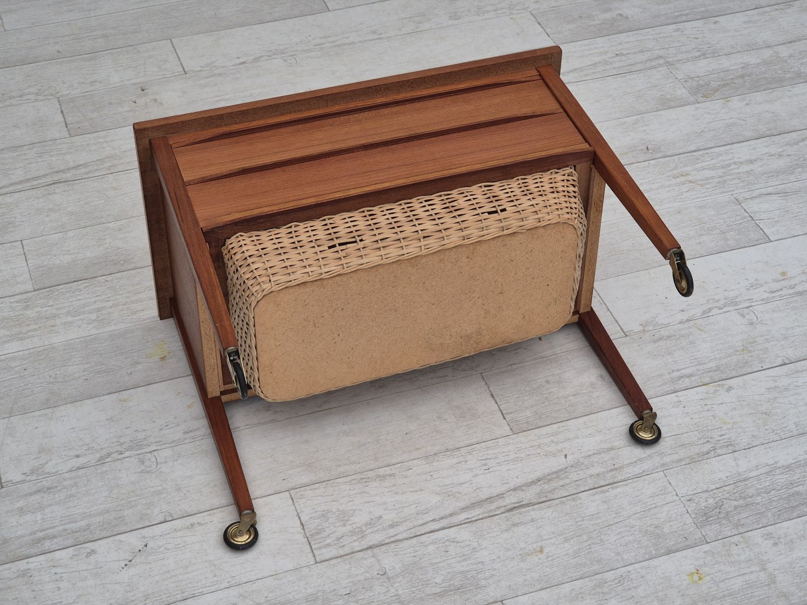 610.0 1970s, Danish Side Chest Of Drawers, Teak Wood, Rattan, Brass Wheels, Original Condition. photo