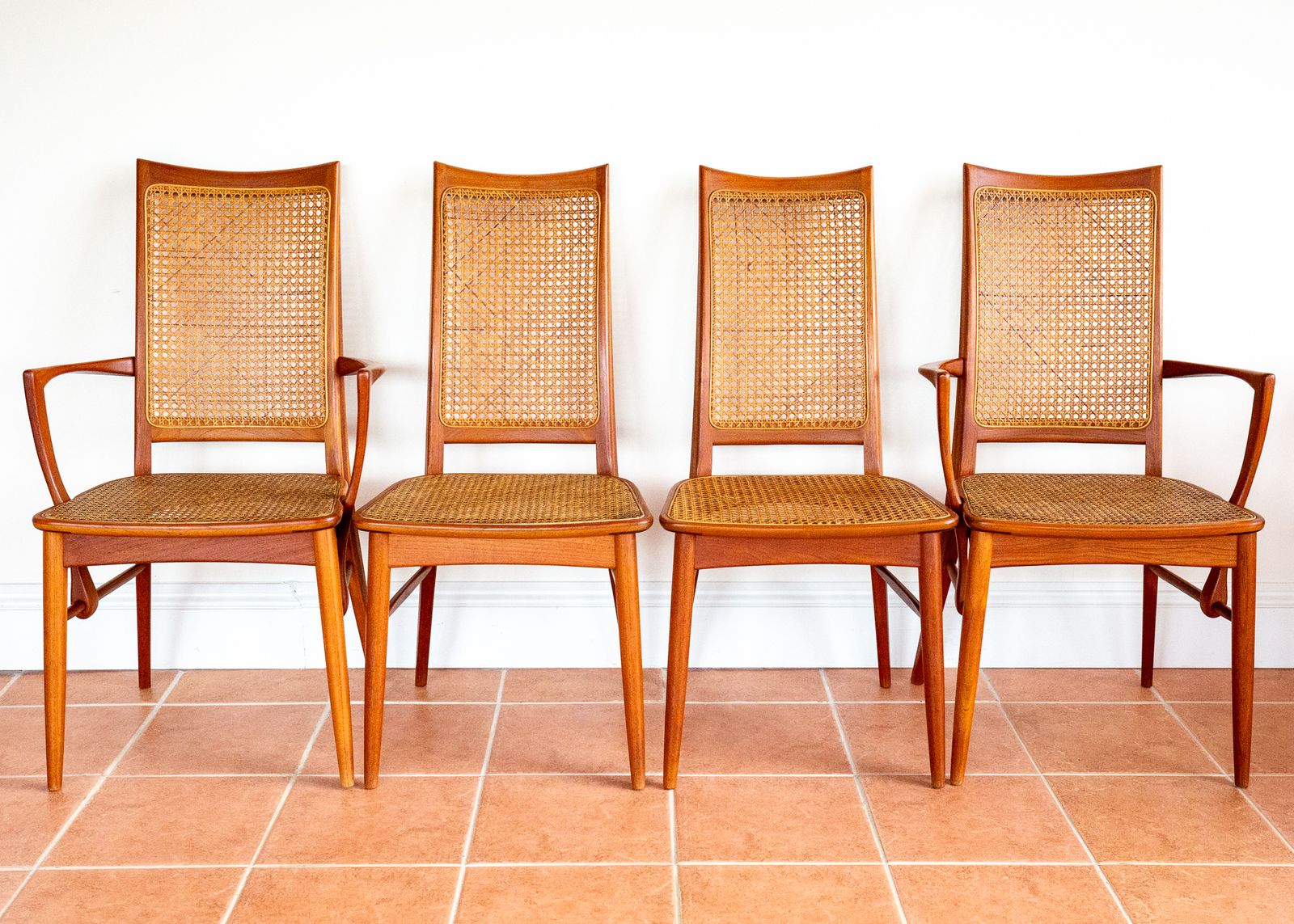 Mid Century Danish Dining Chairs By Niels Koefoeds Set Of 4 1960s Teak Two Tone Lis Hornslet Rattan Cane Scandinavian Nordic Japandi Mcm photo vintage