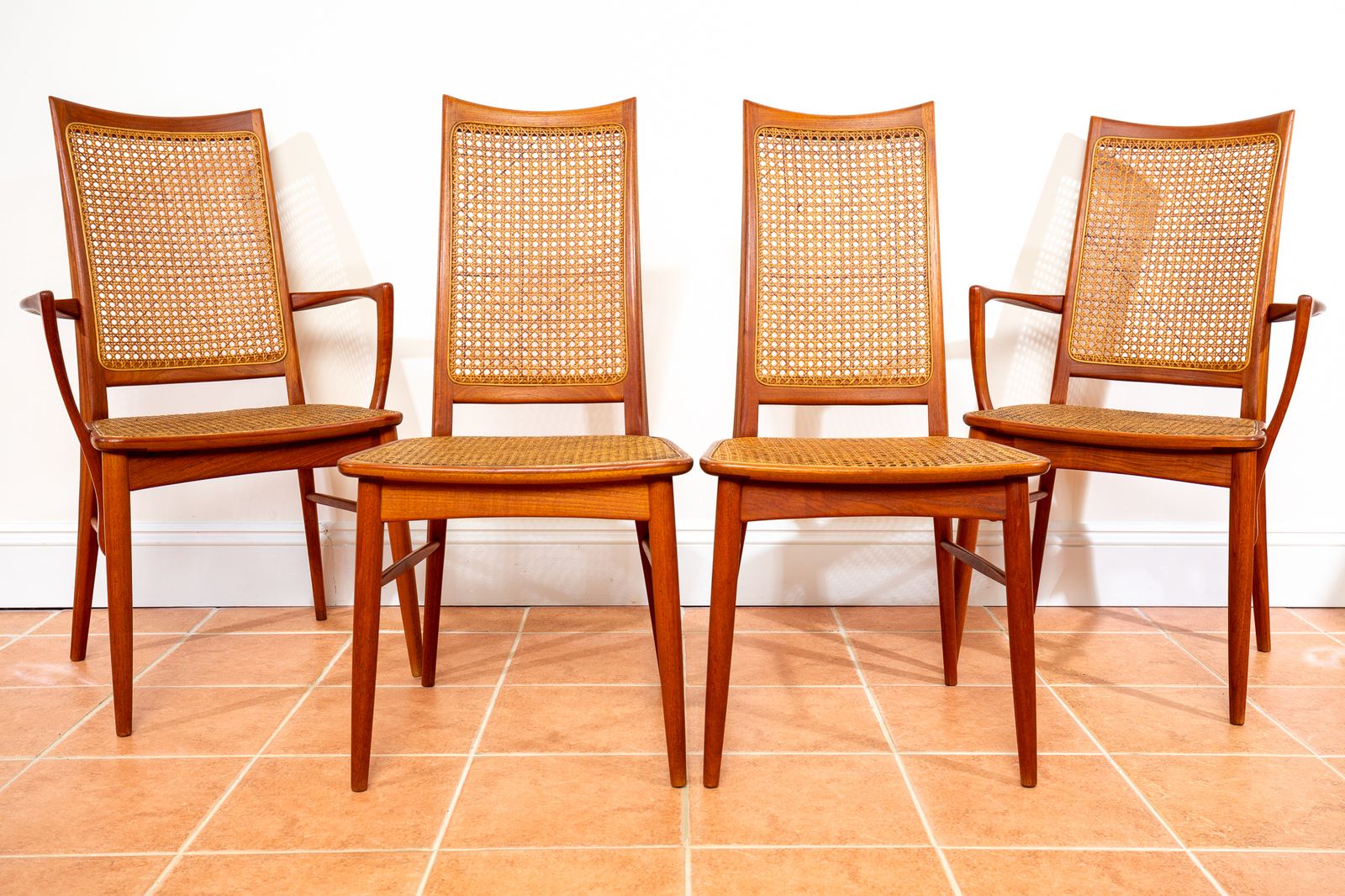 Mid Century Danish Dining Chairs By Niels Koefoeds Set Of 4 1960s Teak Two Tone Lis Hornslet Rattan Cane Scandinavian Nordic Japandi Mcm