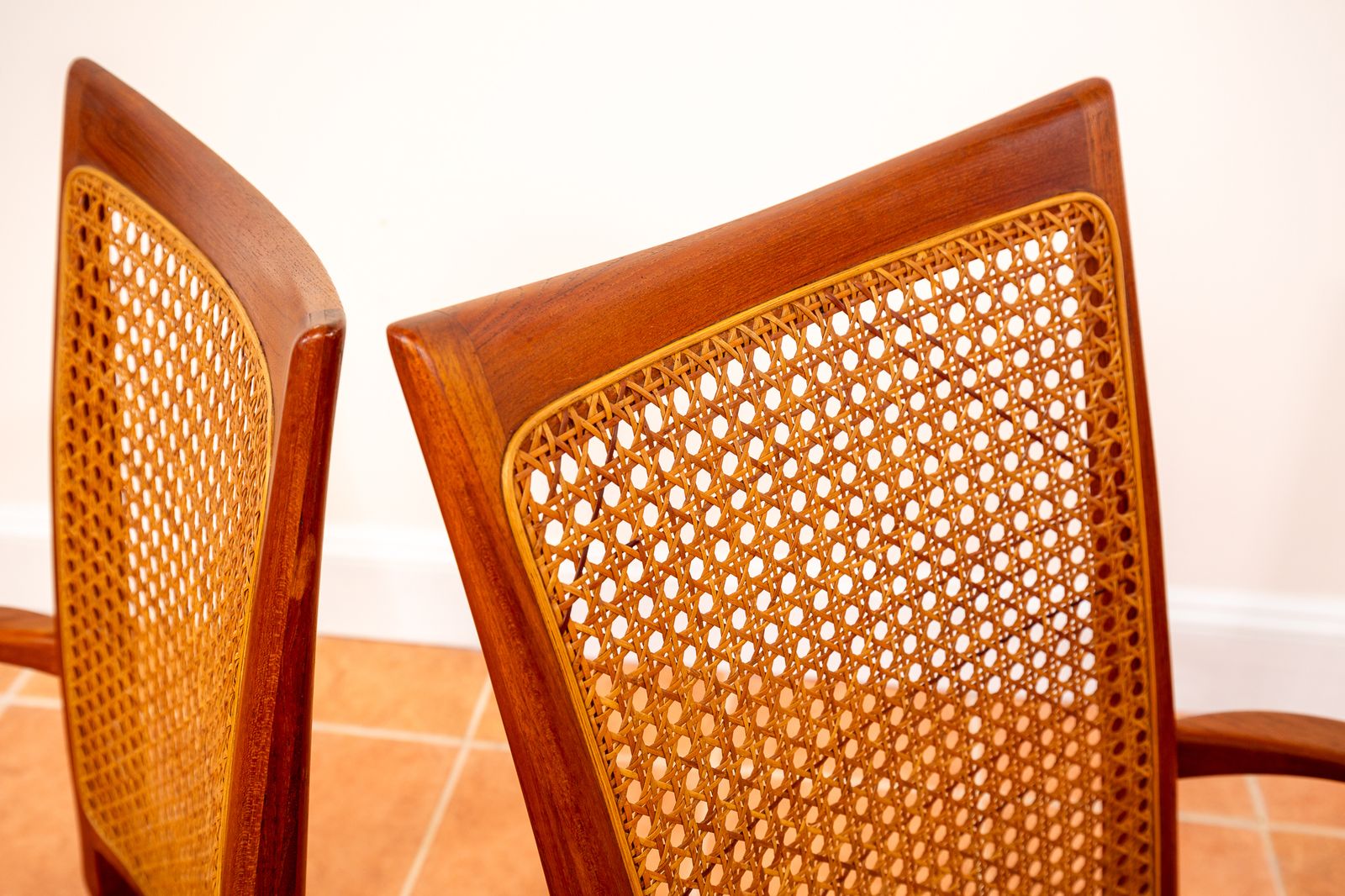 photo vintage Mid Century Danish Dining Chairs By Niels Koefoeds Set Of 4 1960s Teak Two Tone Lis Hornslet Rattan Cane Scandinavian Nordic Japandi Mcm